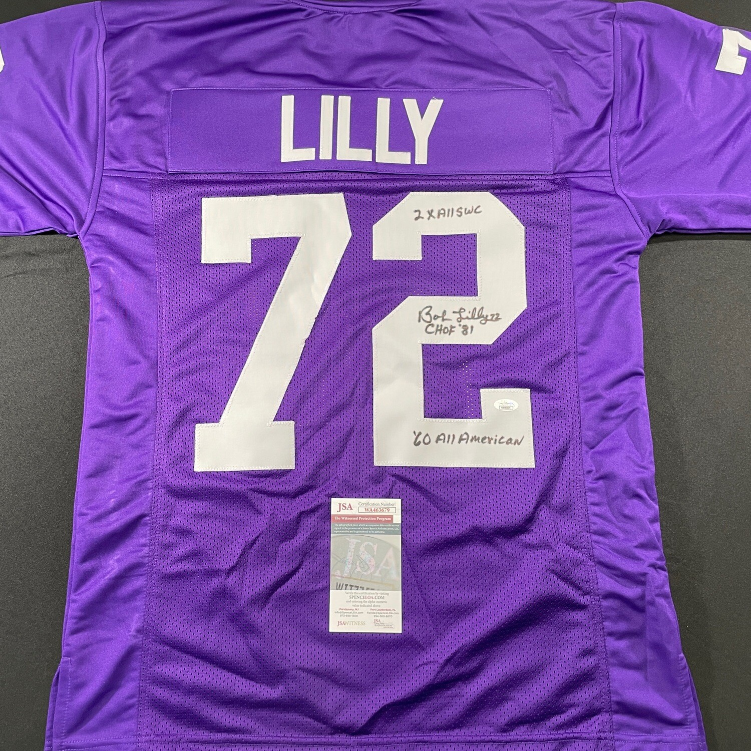 Bob Lilly University of TCU Purple No Stat Autographed Jersey w/3 Inscriptions JSA Authenticated
