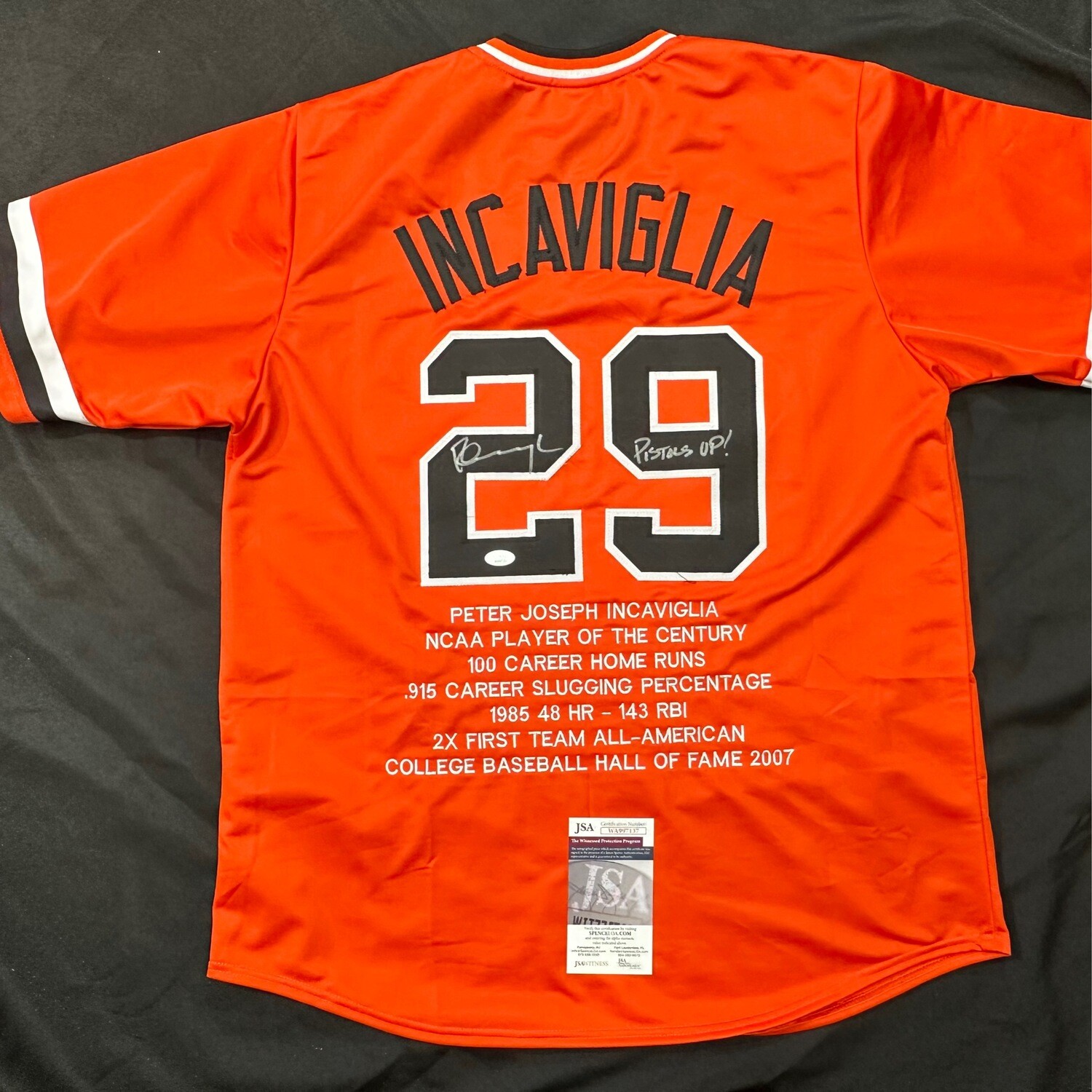 Pete Inky Orange Oklahoma State “Pistols Up”  Stat Autographed Jersey JSA and Beckett Certified