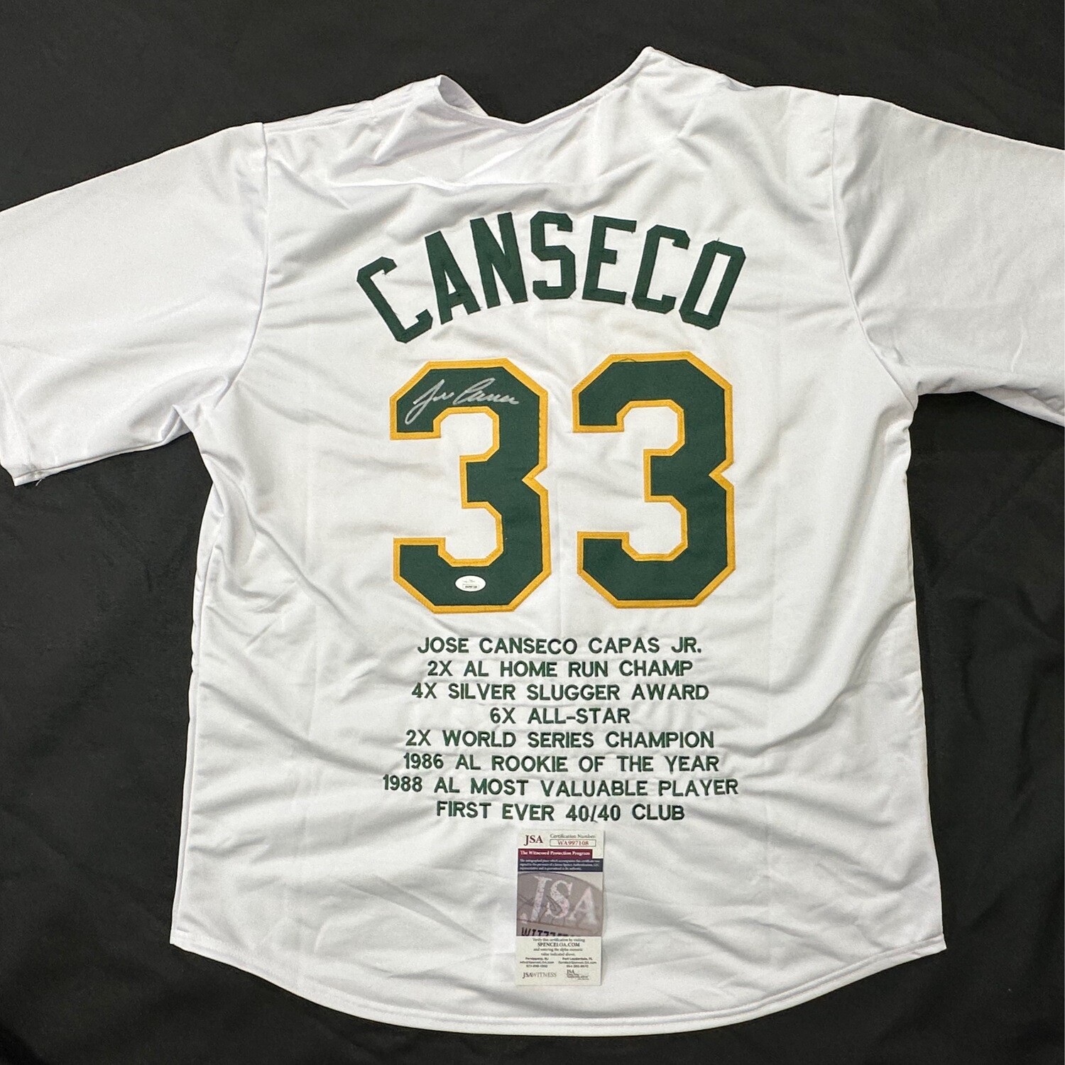 Jose Canseco White Oakland A’s Stats Autograph Jersey JSA Cert and Beckett Cert