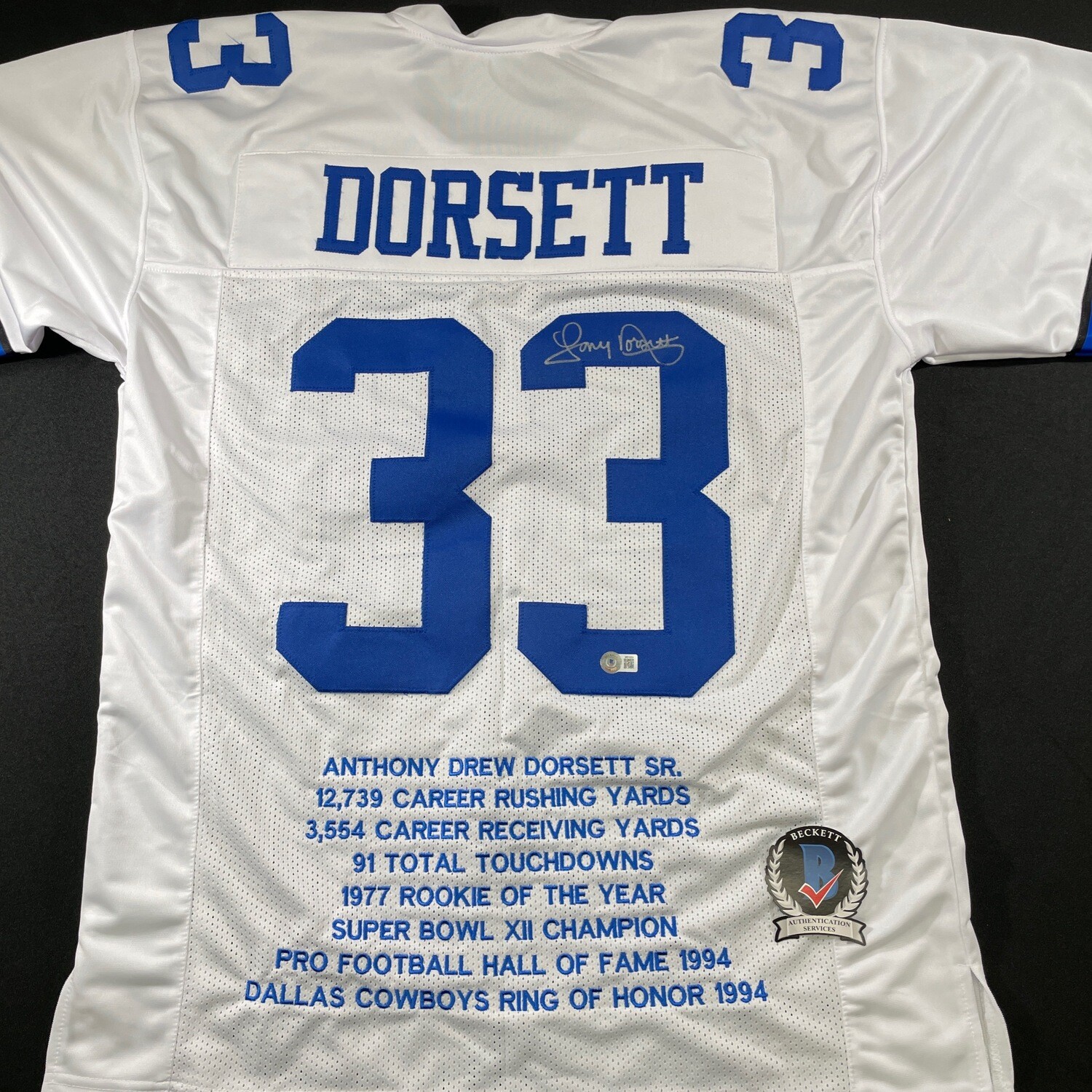 Tony Dorsett White Dallas Cowboys Stats Autographed Jersey Beckett Authenticated