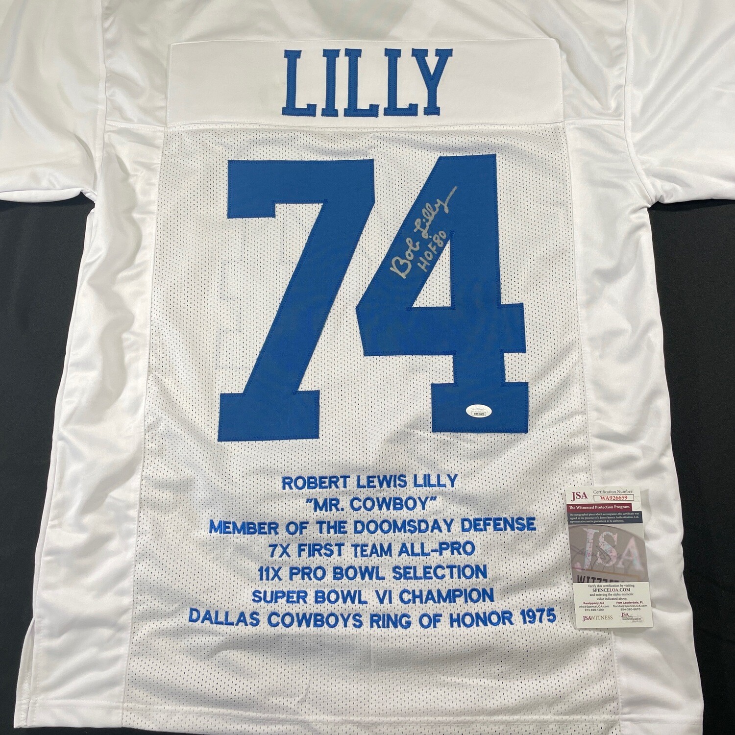 Bob lilly White Dallas Cowboys Stats Autographed Jersey w/HOF 80 JSA Authenticated