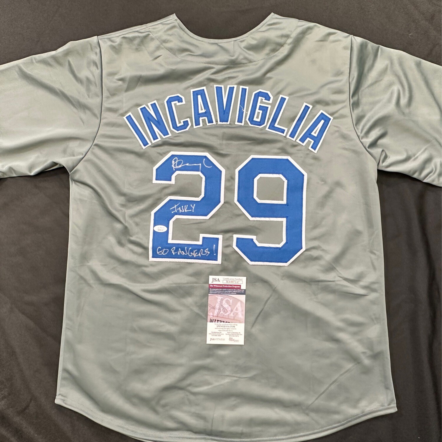 Pete Incaviglia Gray Texas Rangers Autographed Jersey Inscribed JSA Authenticated