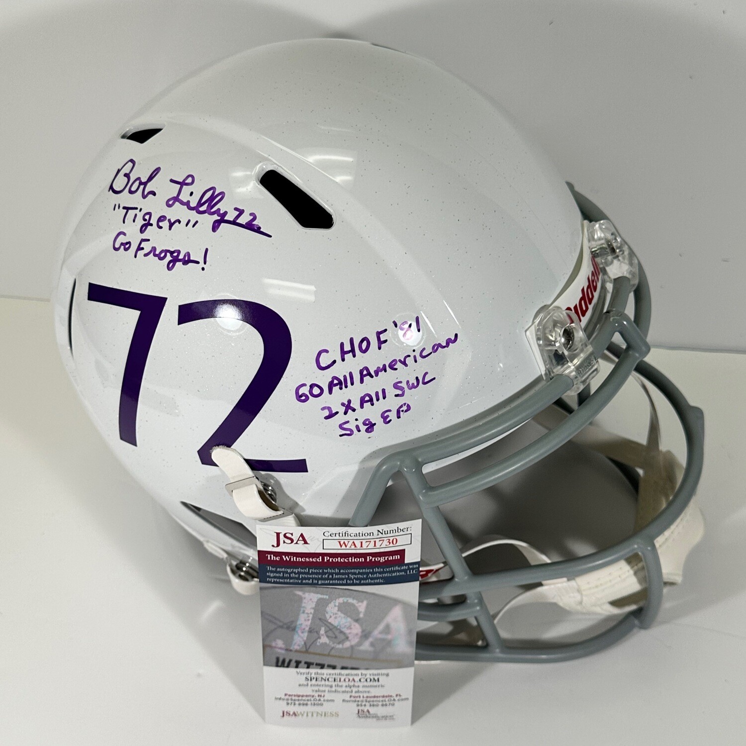 Bob Lilly White TCU Full Size Autographed Replica Helmet W/6 Inscriptions JSA Authenticated