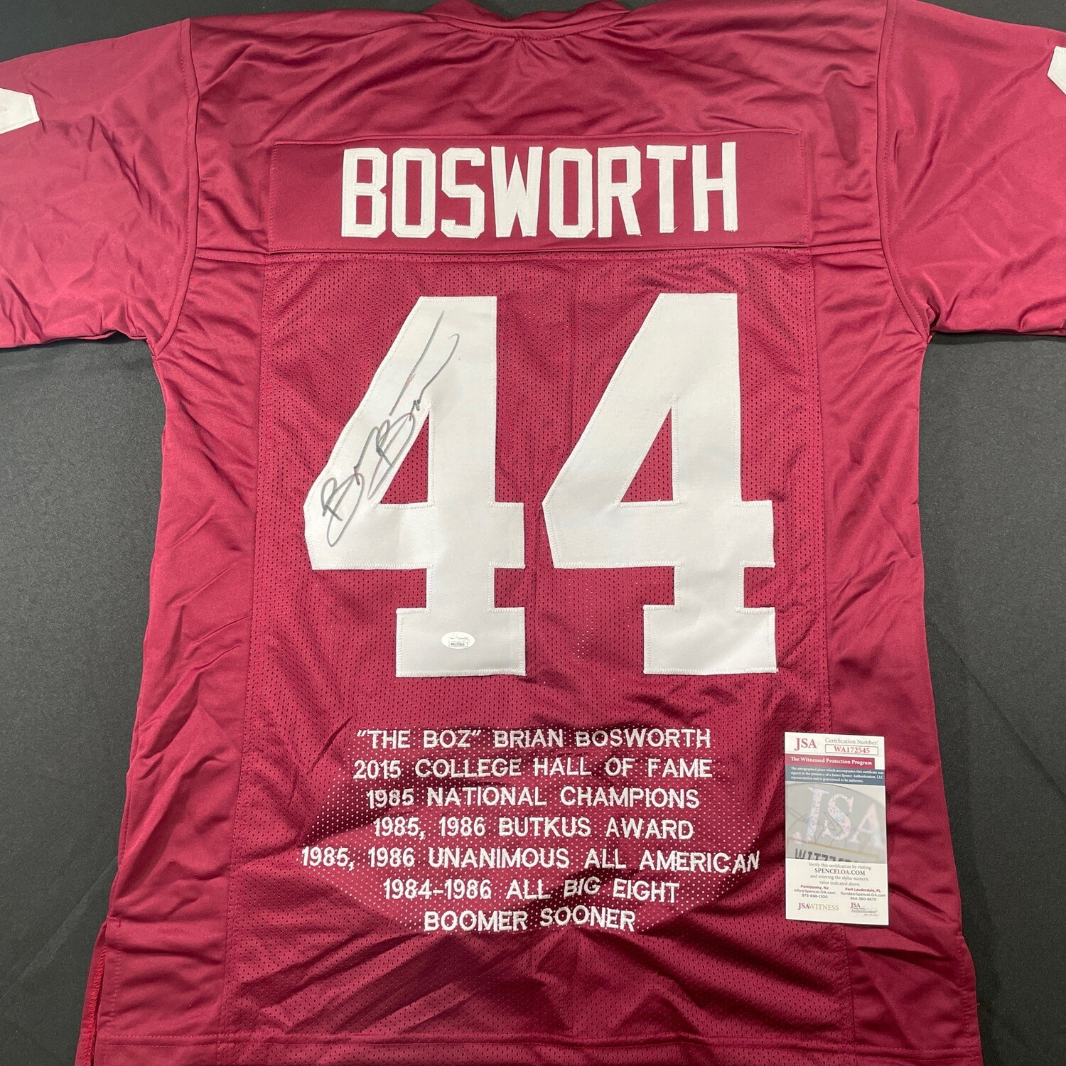 Brian Bosworth Maroon Oklahoma Sooner Autographed Full Stat Jersey JSA Authenticated