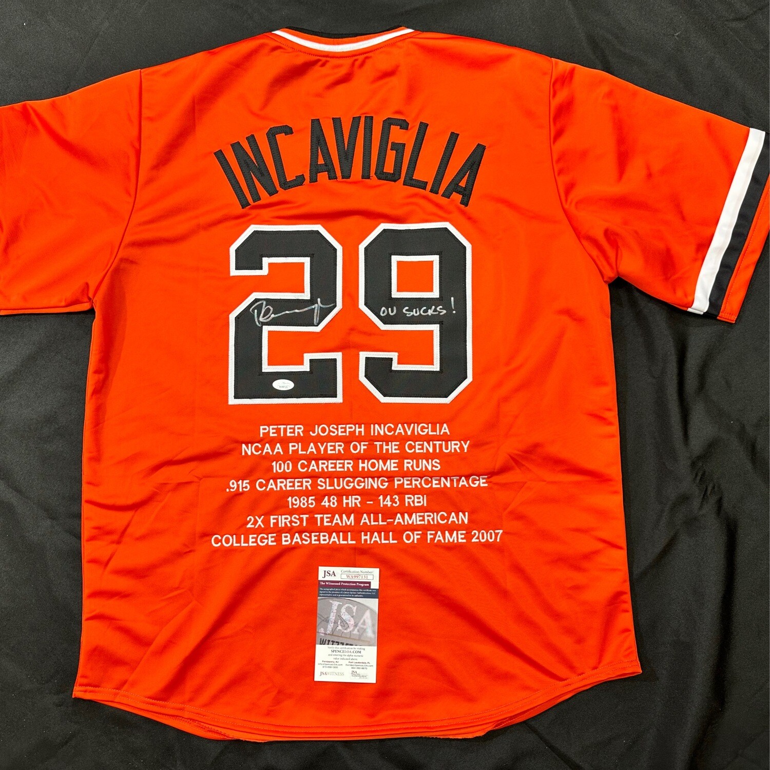 Pete Inky Orange Oklahoma State “OU Sucks”  Stat Autographed Jersey JSA and Beckett Certified