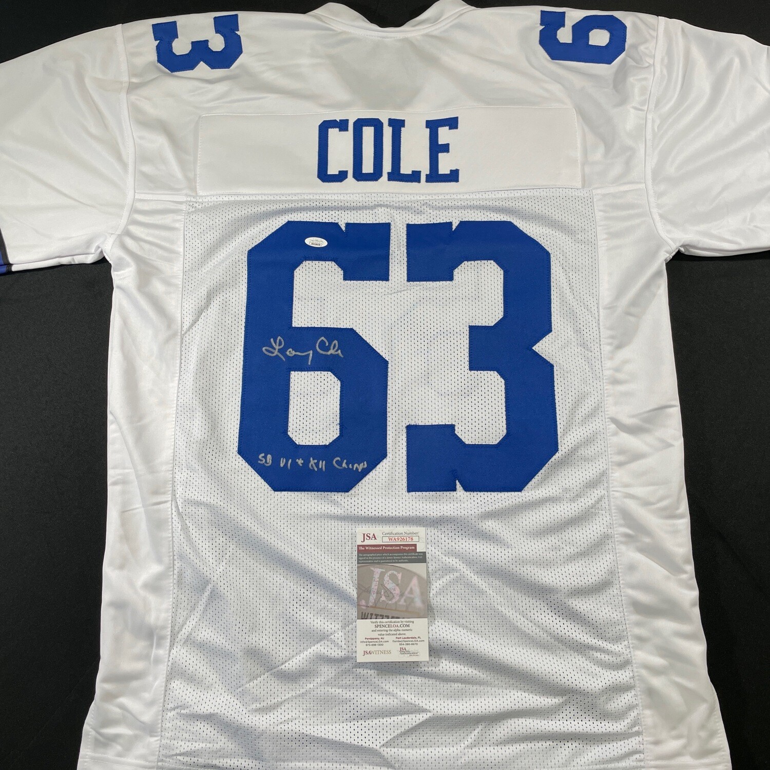 Larry Cole White Dallas Cowboys Autographed Jersey w/inscription JSA Authenticated