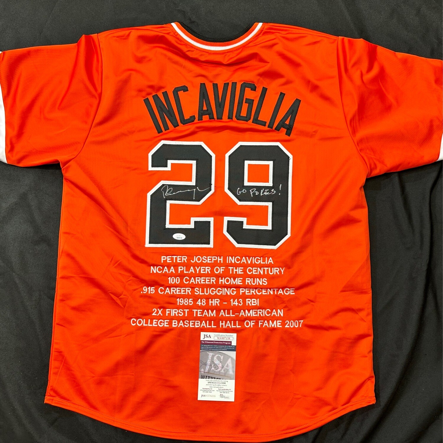 Pete Inky Orange Oklahoma State “Go Pokis”  Stat Autographed Jersey JSA and Beckett Certified