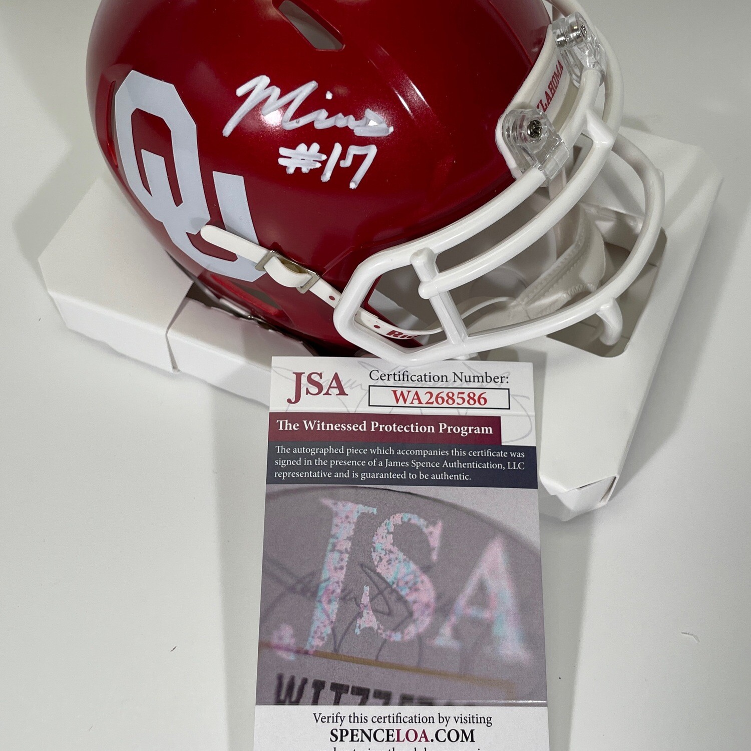 MARVIN MIMS OKLAHOMA OU SOONERS SIGNED RIDDELL MINI HELMET w/Boomer JSA PROOF