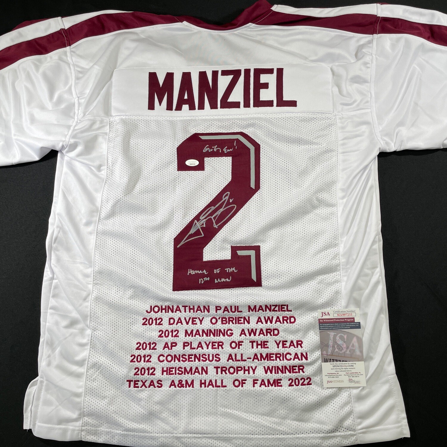 Johnny Manziel White Texas & AM Full Stat Autographed Jeresy w/Home of the 12th Man JSA Authenticated