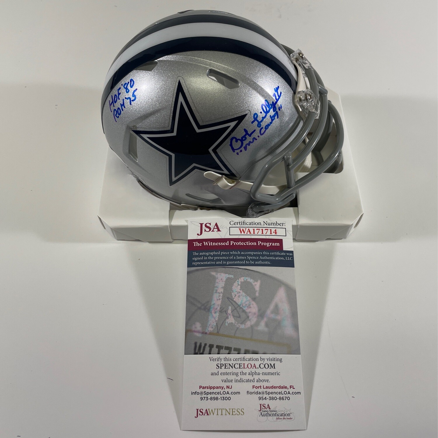 Bob Lilly Mini Helmets Inscribed “ Mr Cowboy “ “ROH75 “and “HOF 80 “ JSA Authentication