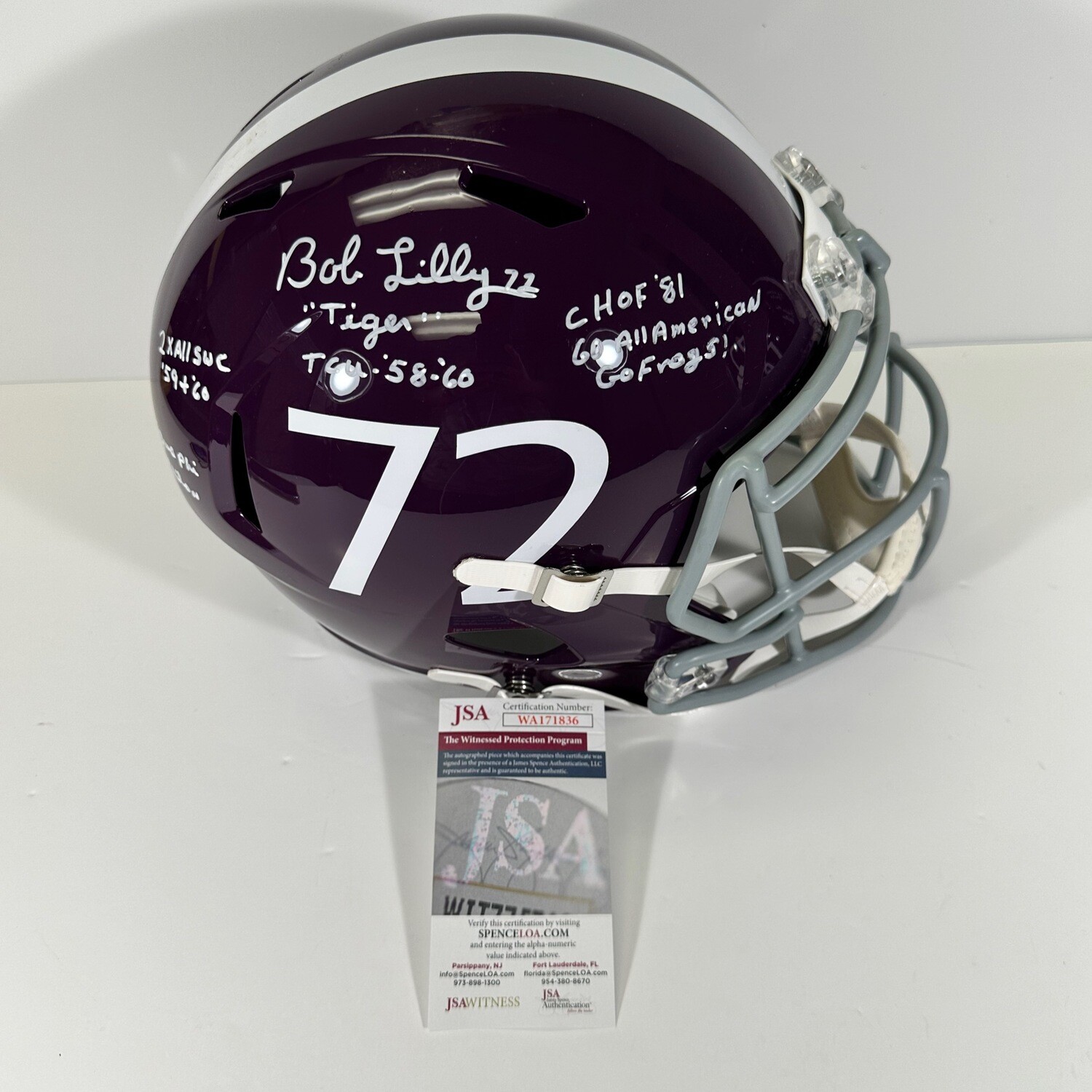 Bob Lilly Purple TCU Full Size Autographed Replica Helmet W/6 Inscriptions JSA Authenticated