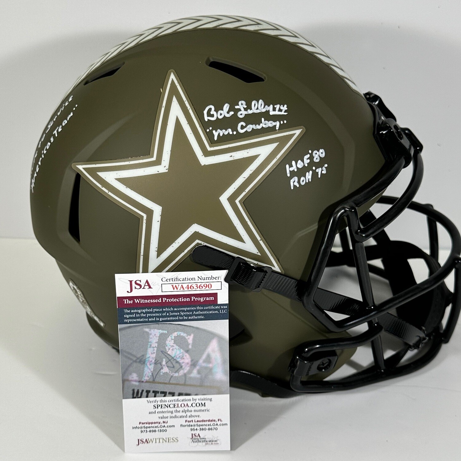 Bob Lilly Salute to Services Replica Full Size Autographed Helmet 5 Inscriptions JSA Authenticated