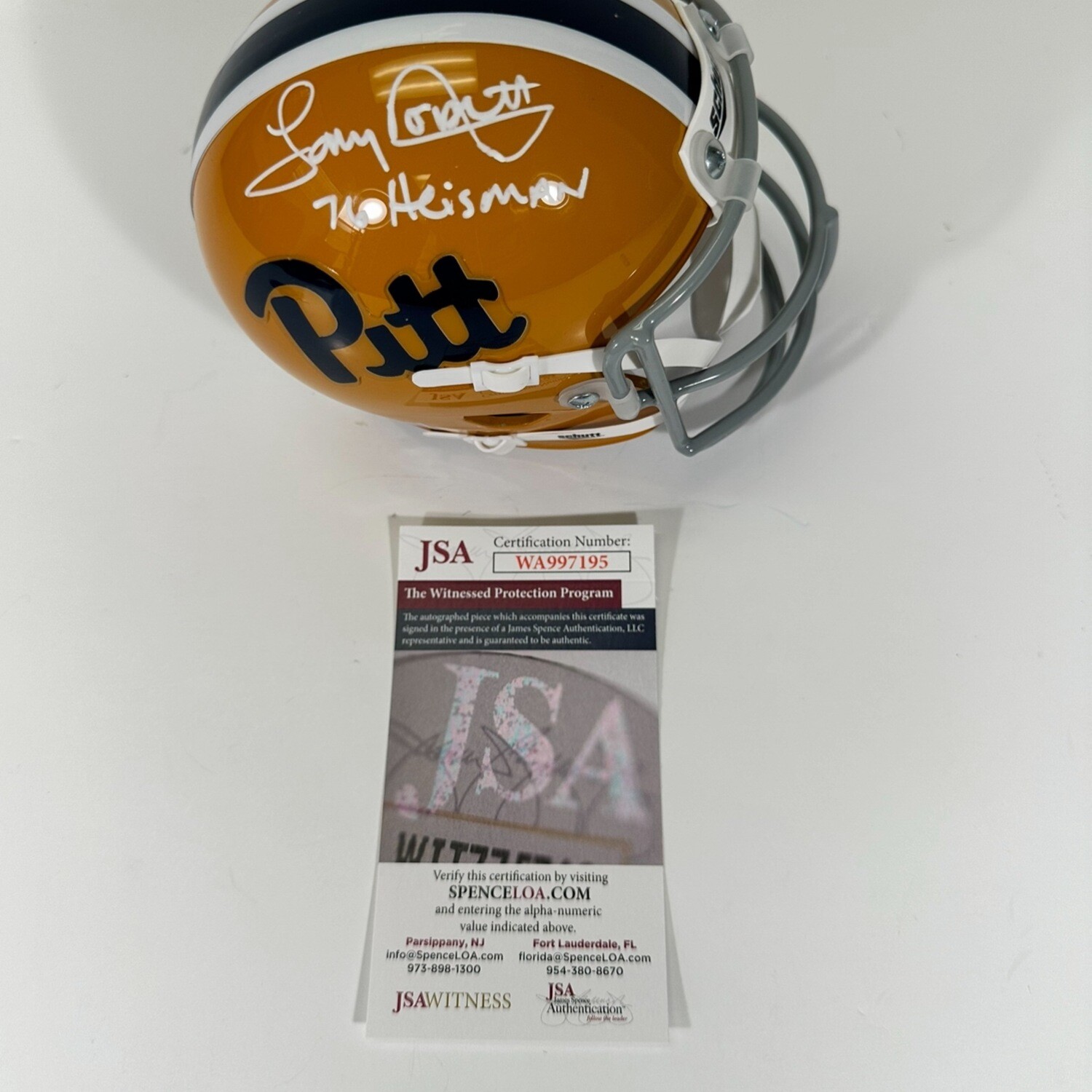 Tony Dorsett Pittsburgh Panthers Throwback Mini Helmet White Inscription “ 76 Heisman “ JSA COA