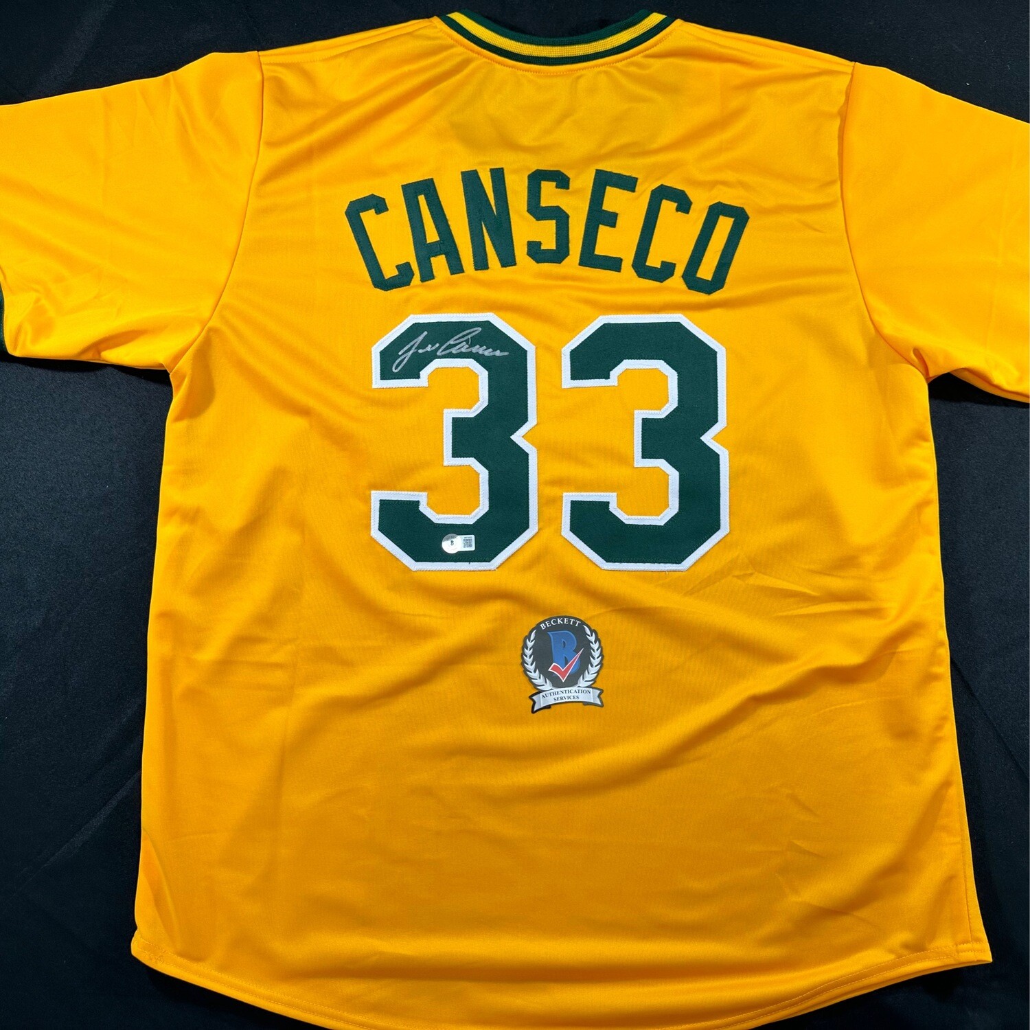 Jose Canseco Yellow Oakland A’s No Stats Autographed Jersey JSA and Beckett Certified