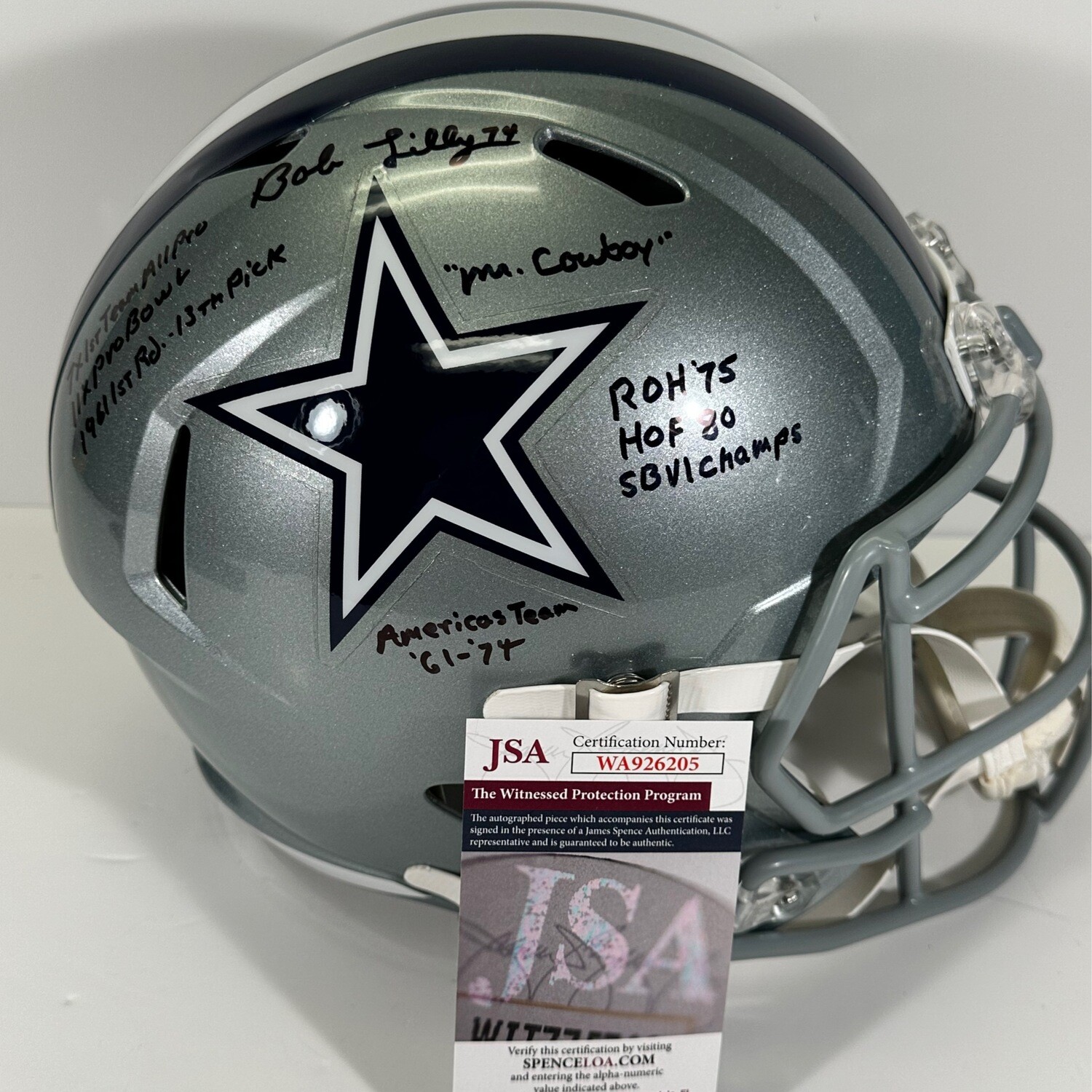 Bob Lilly Replica Full Size Autographed Helmet 8 Inscriptions JSA Authenticated