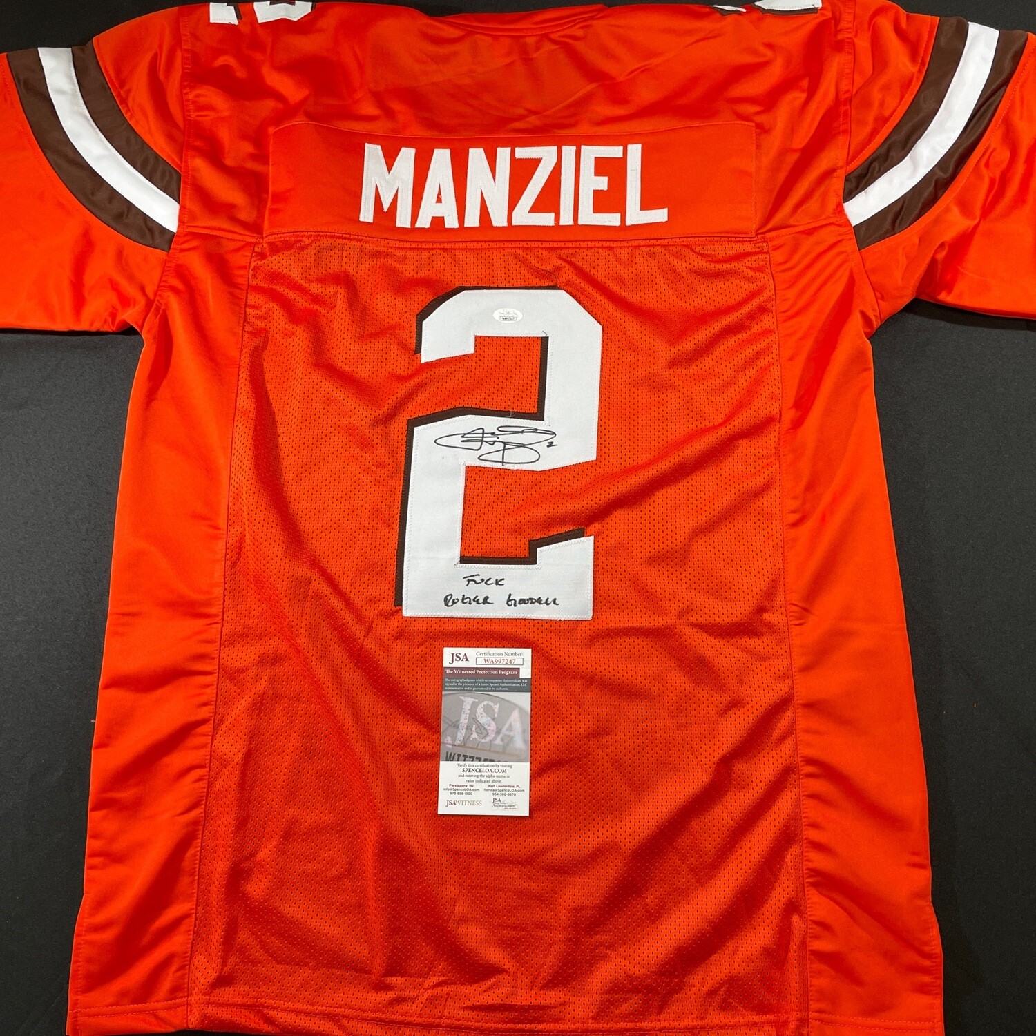 Johnny Manziel Orange Cleveland Brown Autographed Jersey w/Fuck Roger Goodell JSA Authenticated