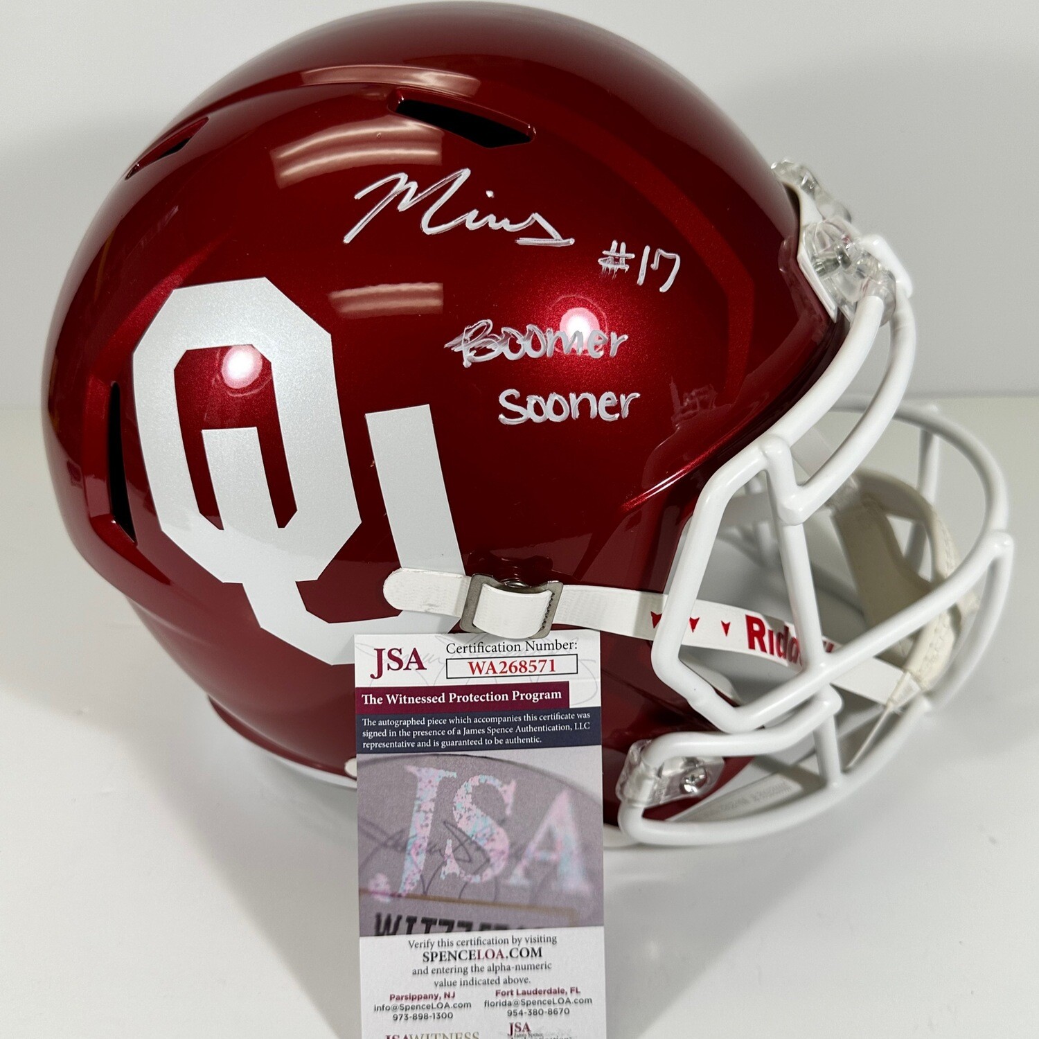 Marvin Mims Oklahoma Sonners Autographed Full Size Replica Helmet Inscribed “Boomer Sooner” JSA Authenticated
