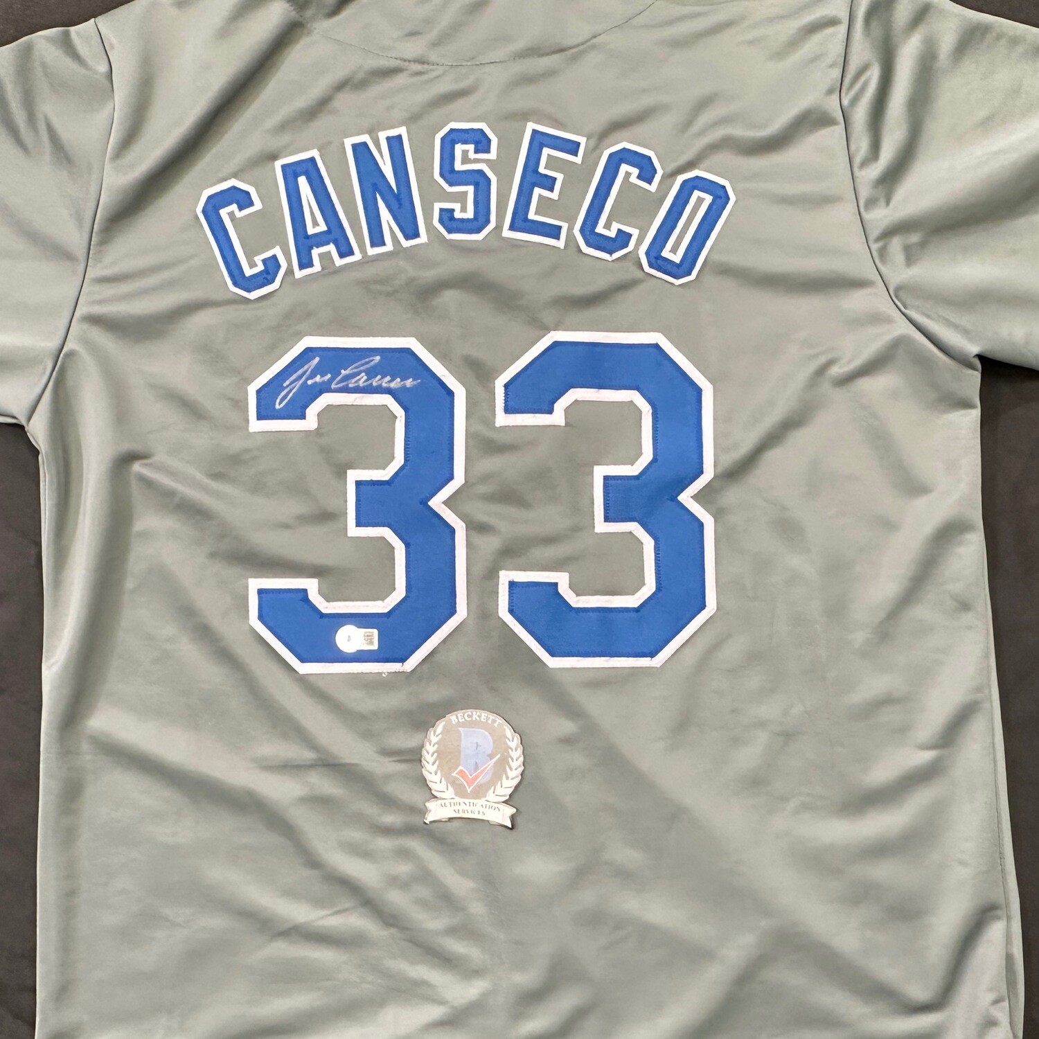 Jose Canseco Gray Texas Rangers No Stats Autographed Jersey JSA and Beckett Certified