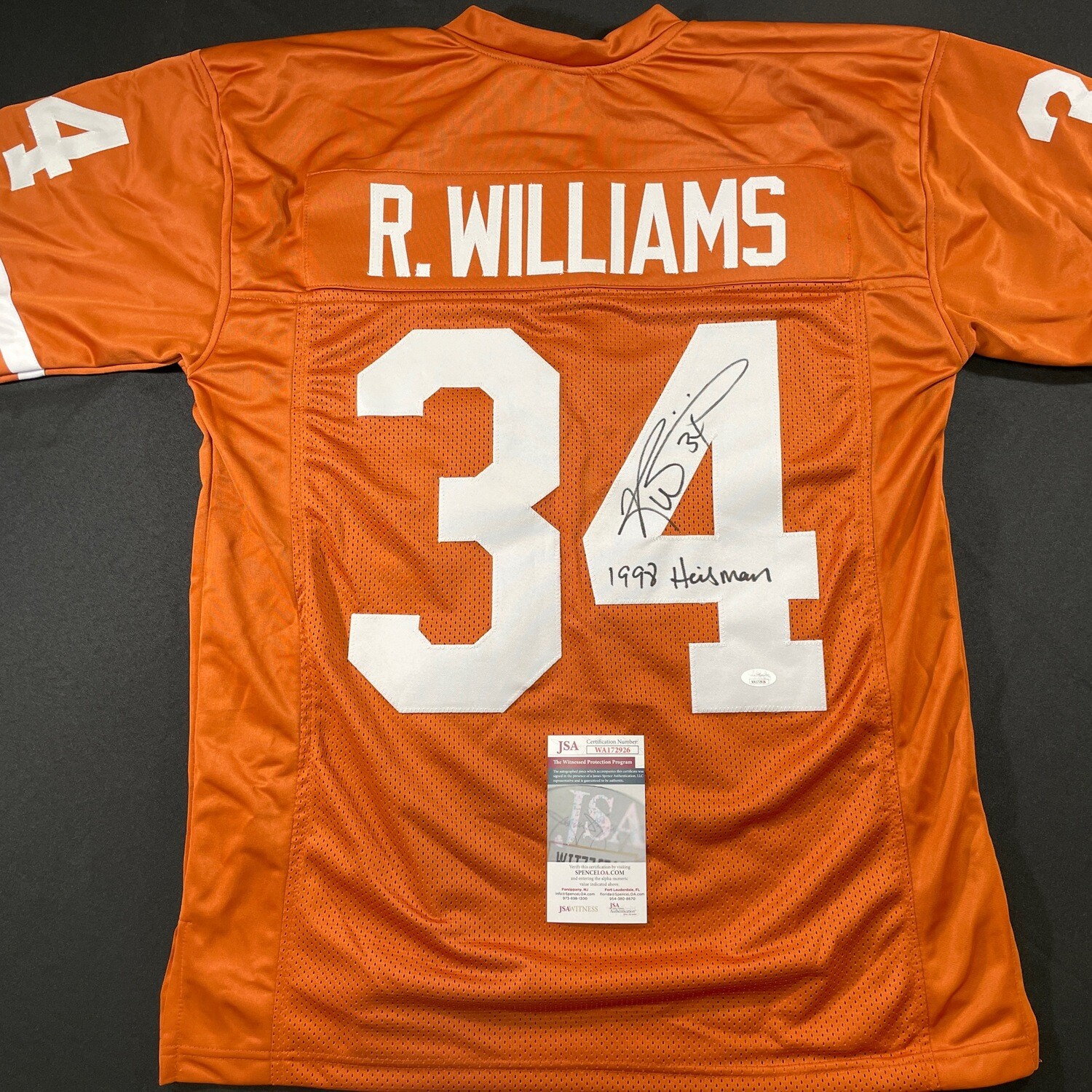 Ricky Williams Texas Longhorn Orange Autographed Jersey & Inscription “ 1998 Heisman “ w/ JSA COA