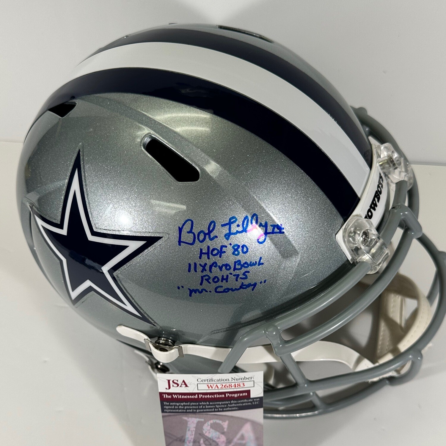 Bob Lilly Replica Full Size Autographed Helmet Inscribed Mr Cowboy,HOF80,ROH75 and 11X Pro Bowl” JSA Authenticated