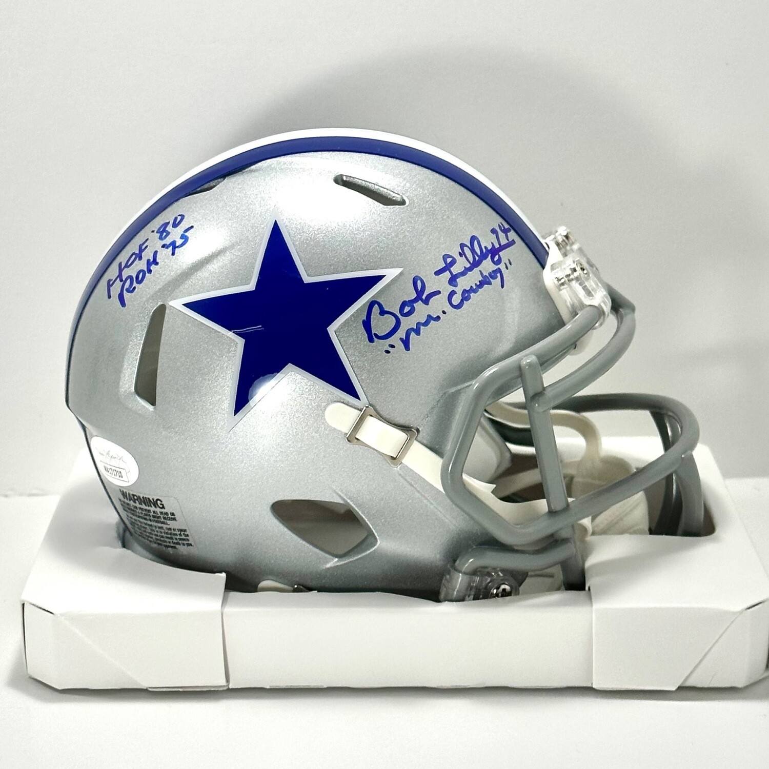 Bob Lilly Retro Grey Autographed Mini Helmet 3 Inscriptions JSA Authenticated