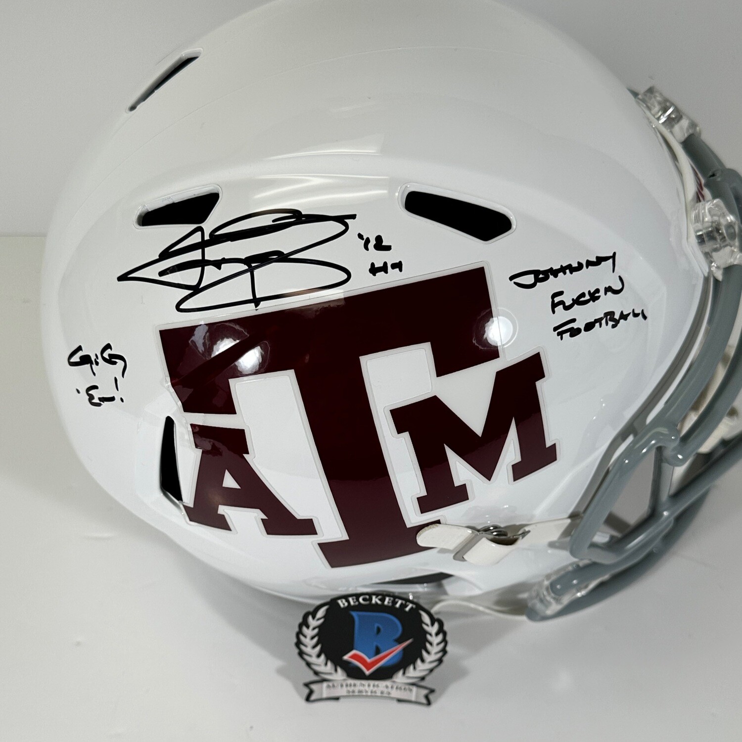 Johnny Manziel White Texas A&M Full Size Replica Helmet Inscribed “Johnny Fuckin Football” Beckett Authenticated