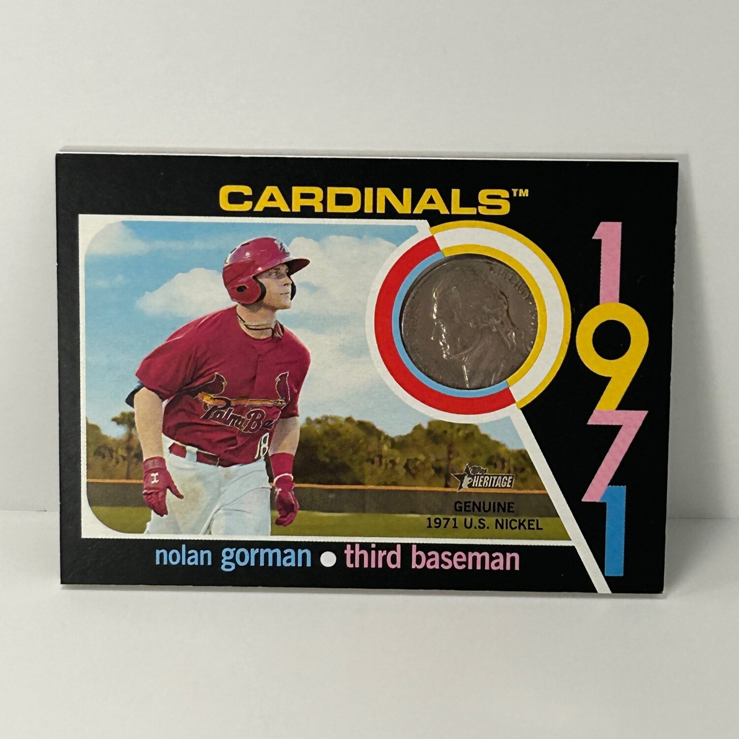 2020 Topps Heritage Minor League Nolan Gorman 1971 Mint Relic Nickel 71MR-NG #/99