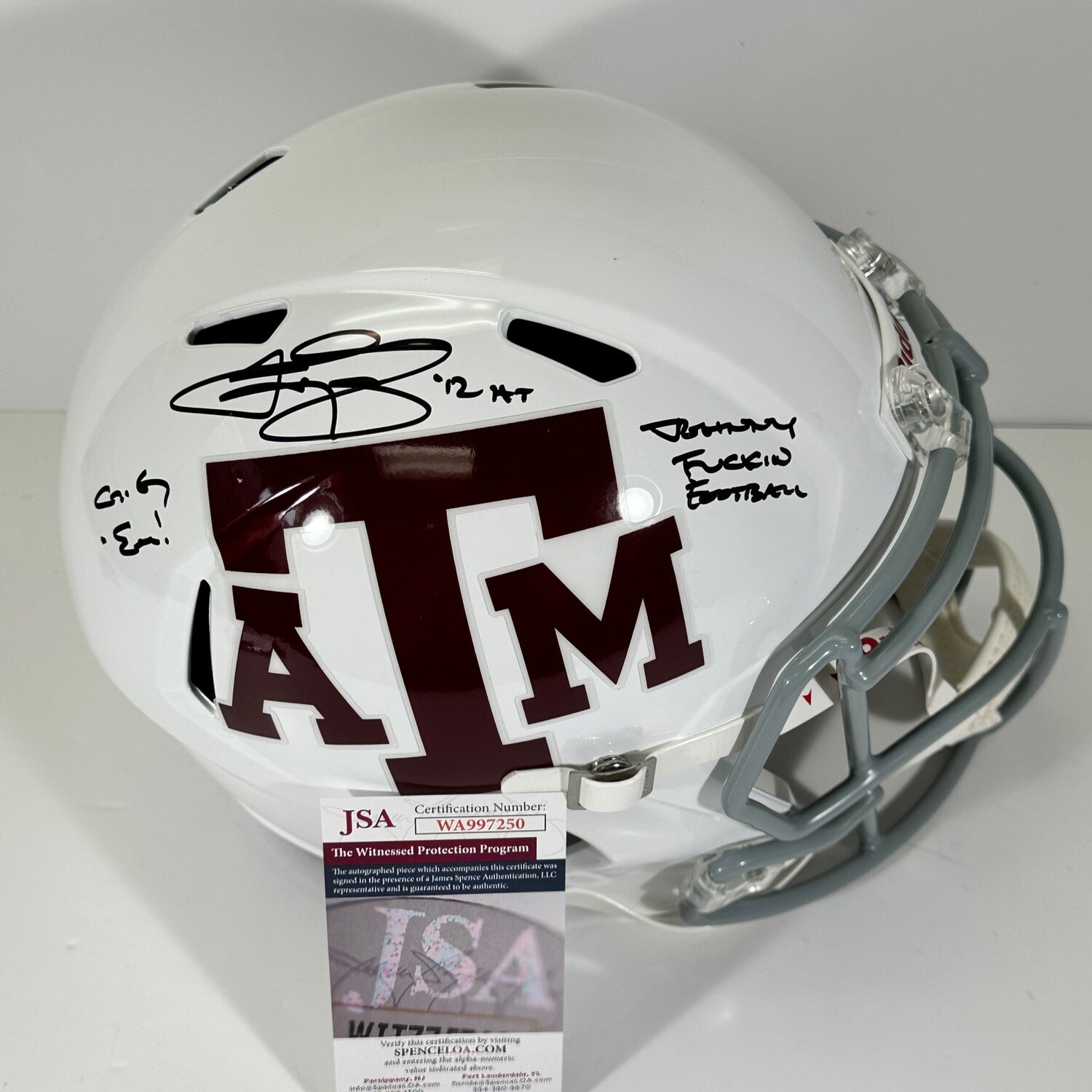 Johnny Manziel White Texas A&M Full Size Replica Helmet Inscribed “Johnny Fuckin Football” JSA Authenticated