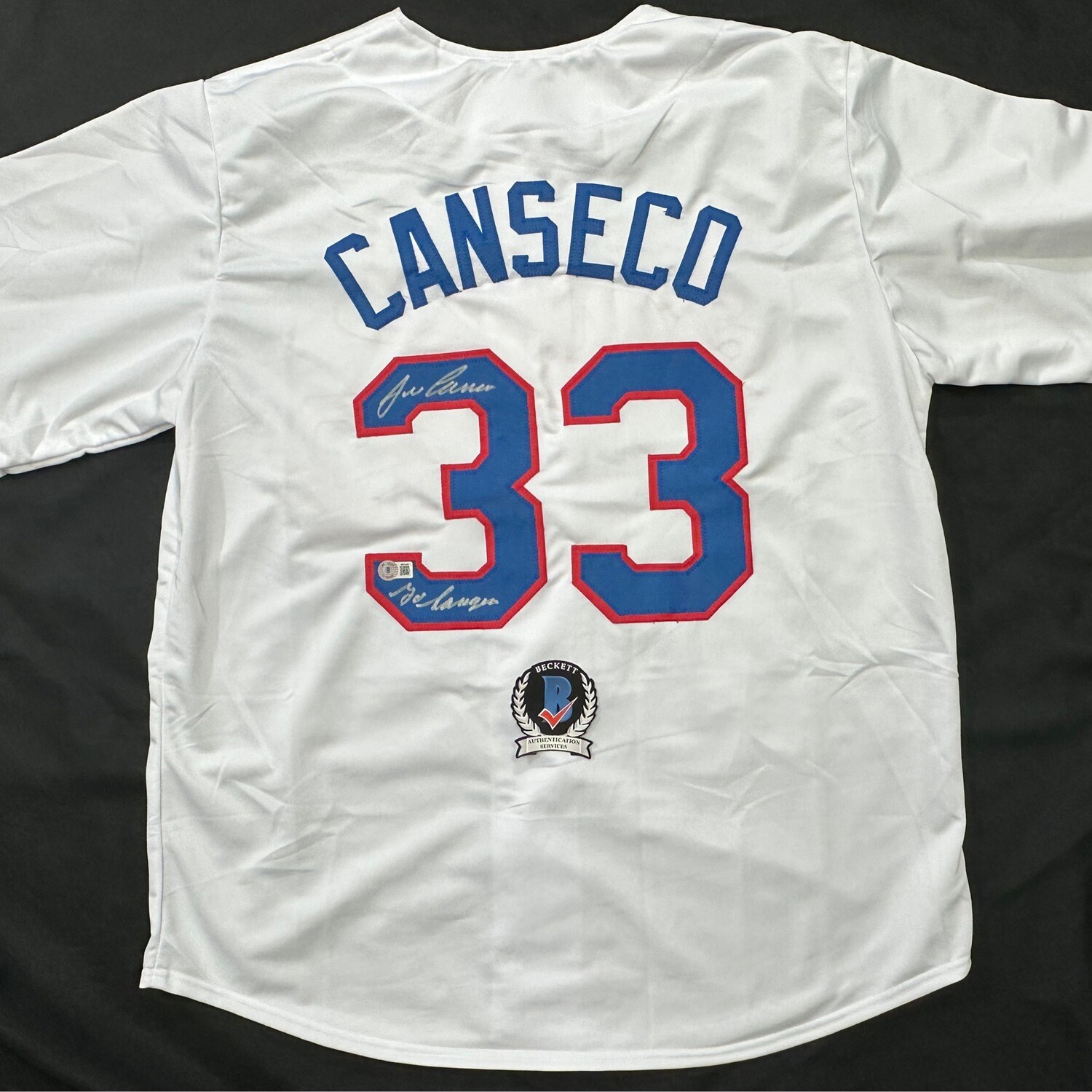 Jose Canseco White “Go Rangers” Texas Rangers No Stats Autographed Jersey Beckett Certified