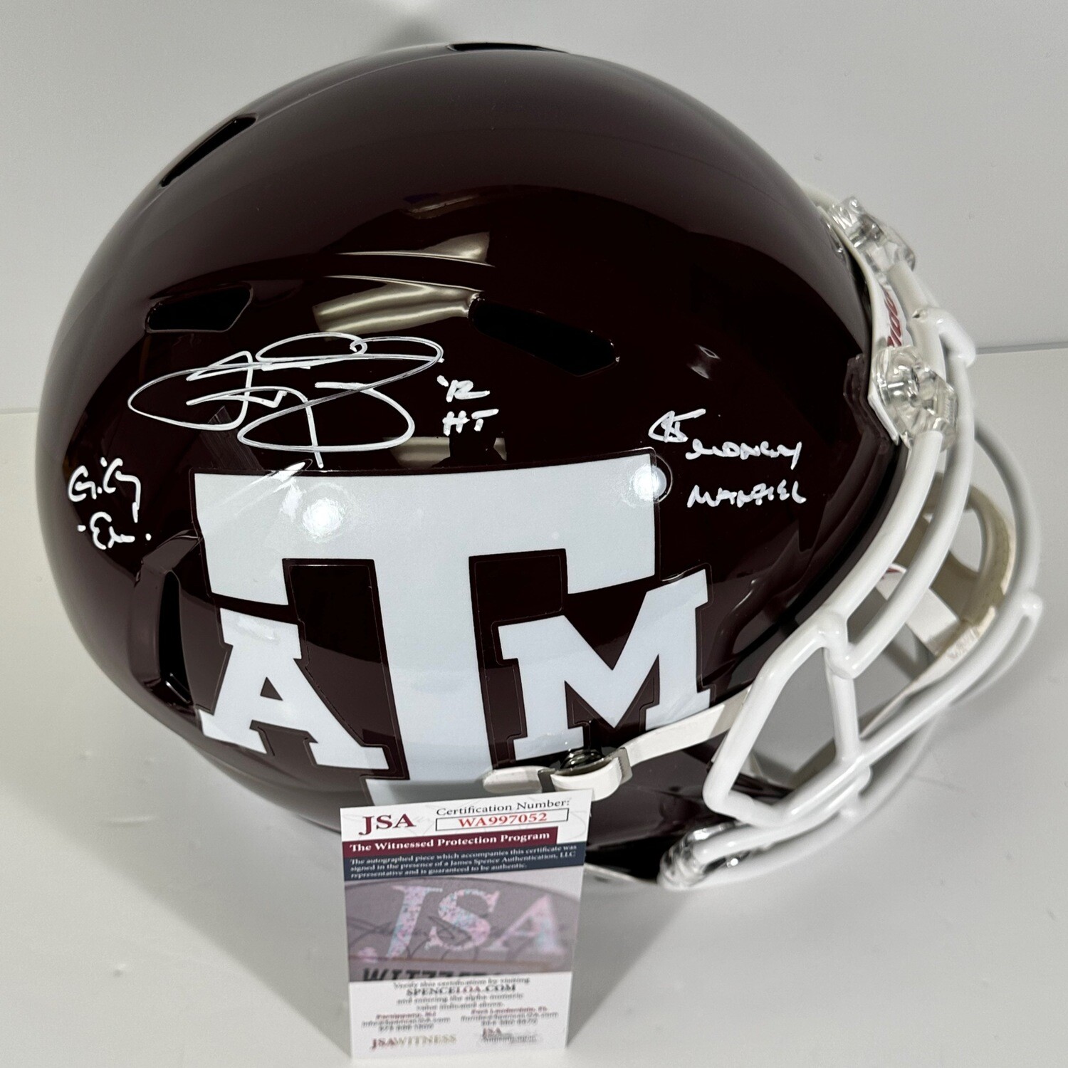 Johnny Manziel Maroon Texas A&M Full Size Replica Helmet Inscribed “Money Manziel” JSA Authenticated