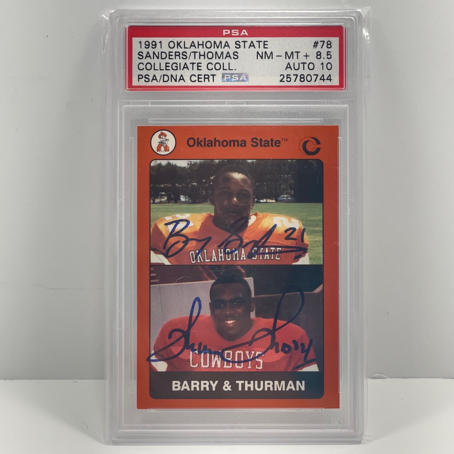 1991 Oklahoma State Barry Sanders Thurman Thomas Autograph PSA 8.5 10 Auto