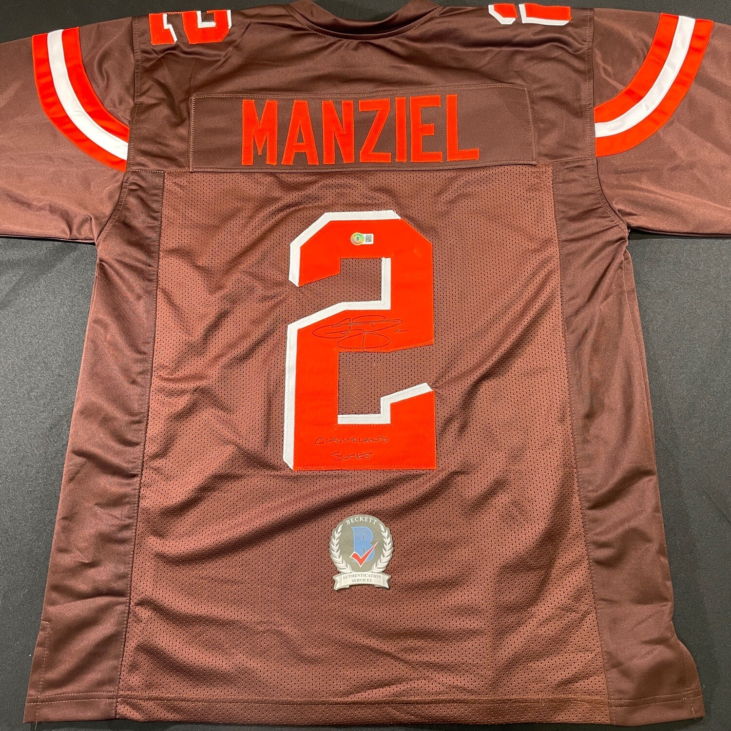 Johnny Manziel Brown Cleveland Brown Autographed Jersey w/Cleveland Sucks Beckett Authenticated