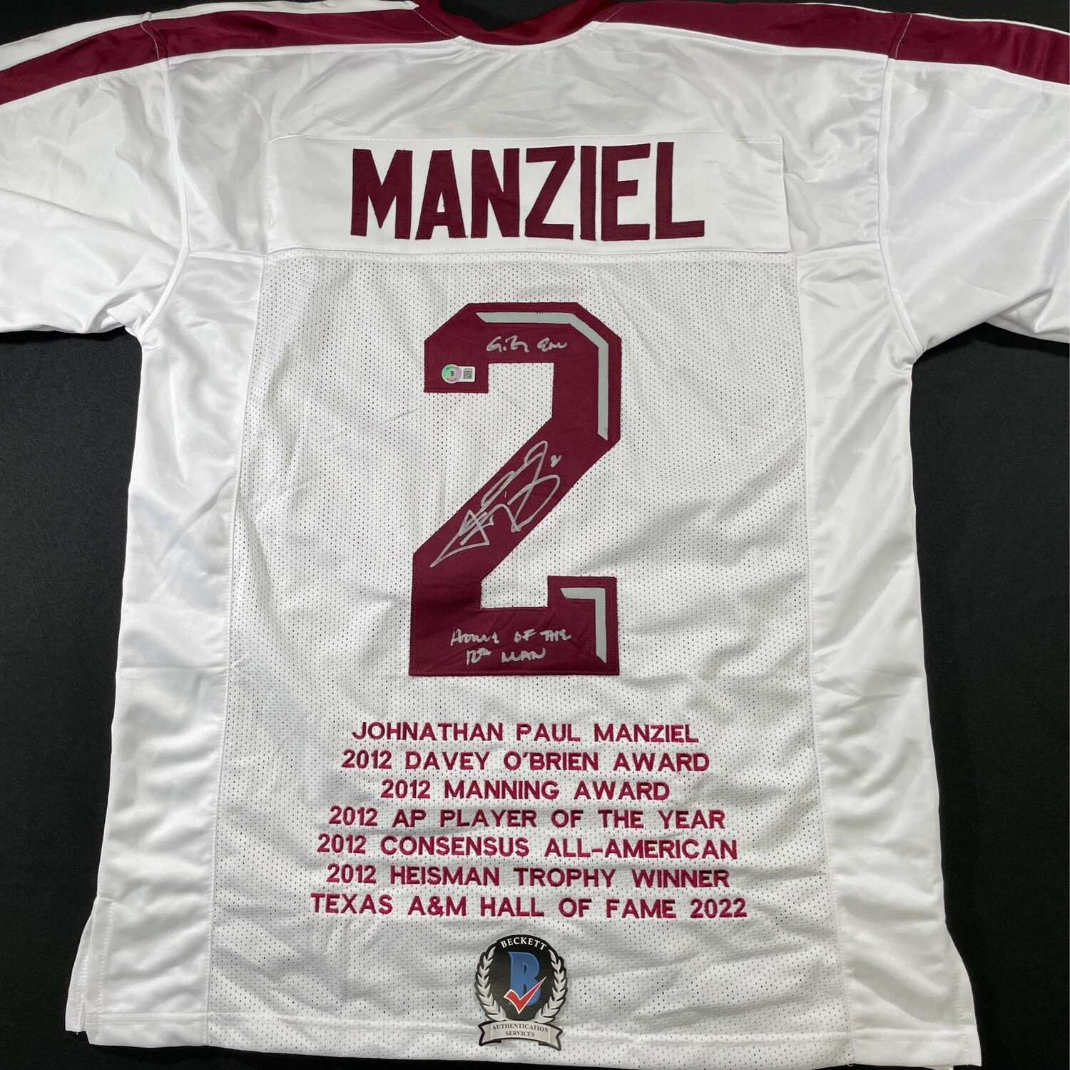 Johnny Manziel White Texas & AM Full Stat Autographed Jeresy w/Home of the 12th