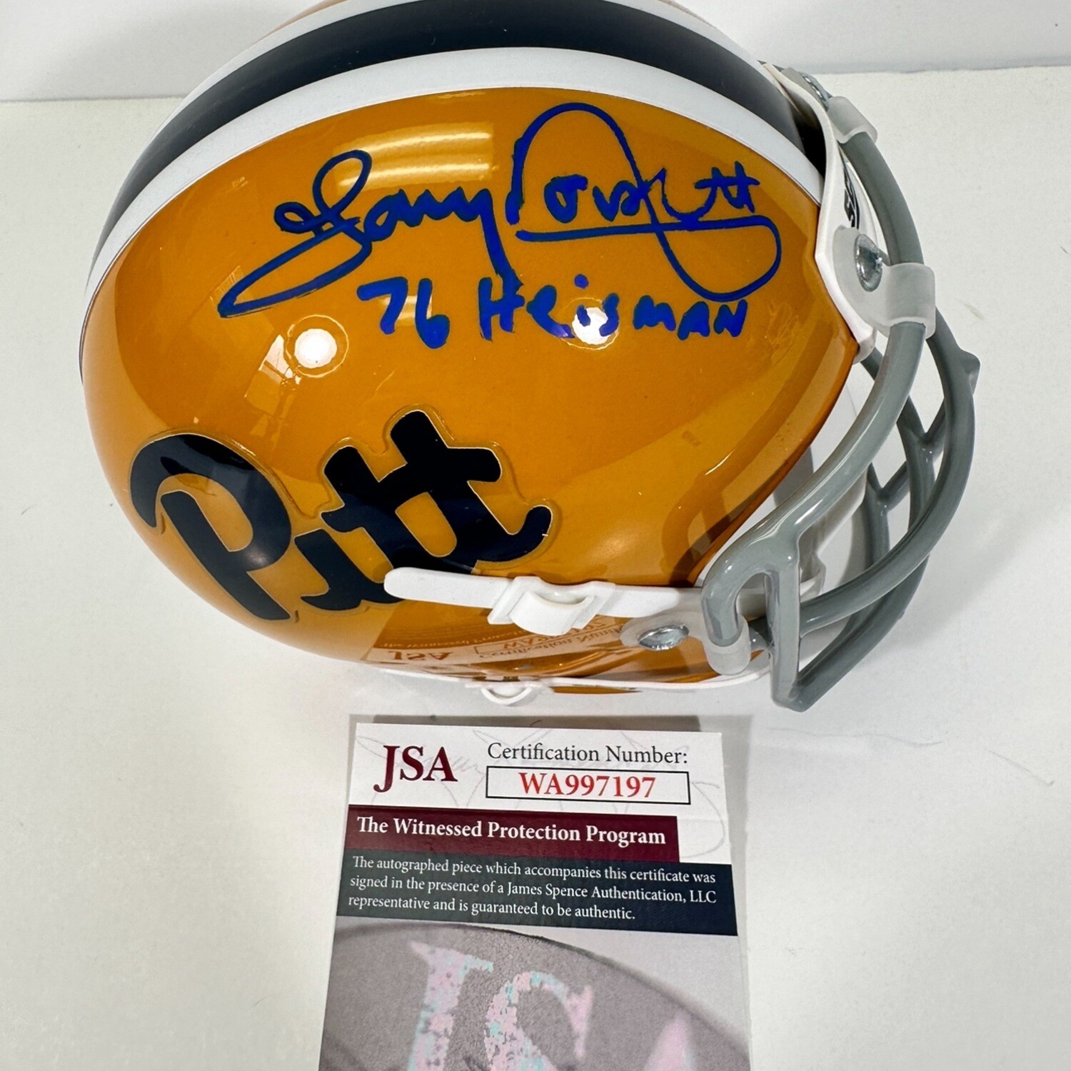 Tony Dorsett Pittsburgh Panthers Throwback Mini Helmet Blue Inscription “ 76 Heisman “ JSA COA