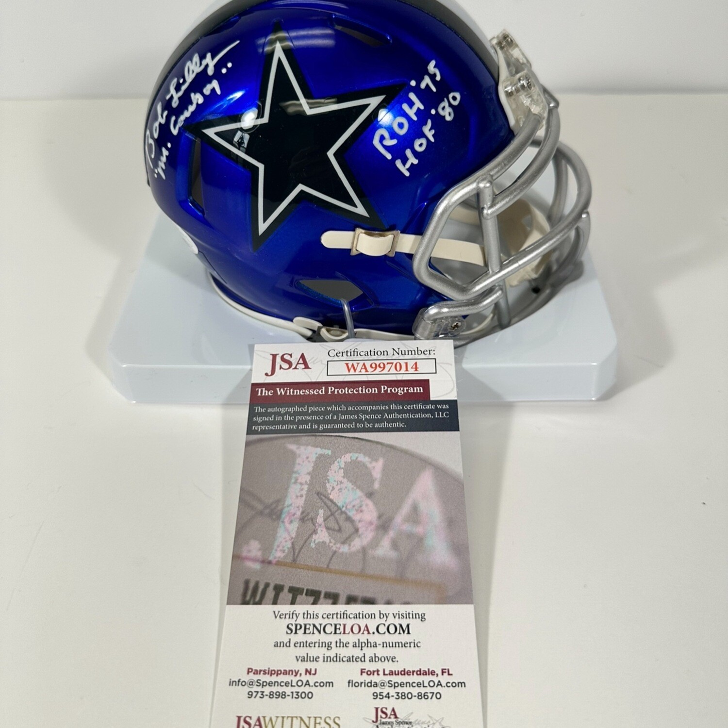 Bob Lilly Dallas Cowboys NFL Flash Alternative Riddell Speed Mini Helmet Inscription “ HOF 80 & ROH 76 “ JSA COA