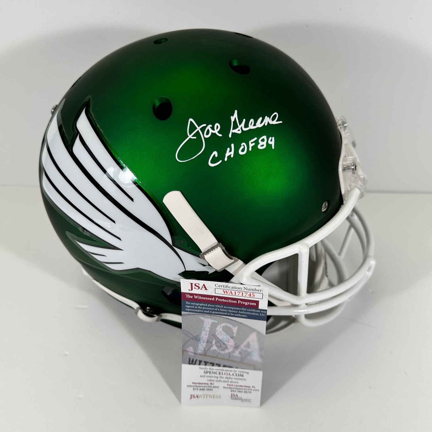 Joe Greene Matte Green North Texas Autographed  Full Size Replica Helmet Inscribed CHOF 84 JSA Authenticated