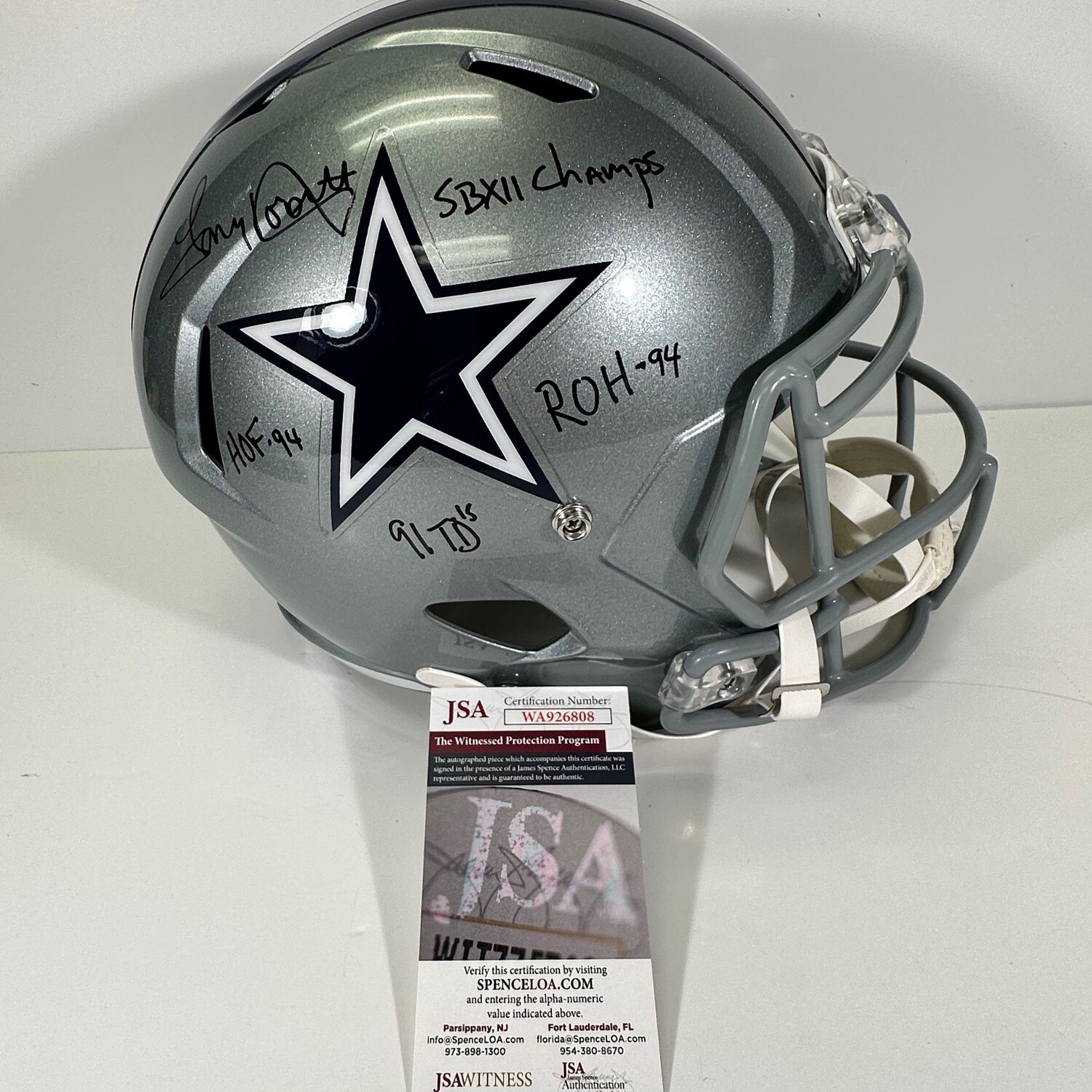 Tony Dorsett Replica Full Size Helmet SBXll Champs,HOF 94,91 TD’s and ROH 94 JSA Authenticated