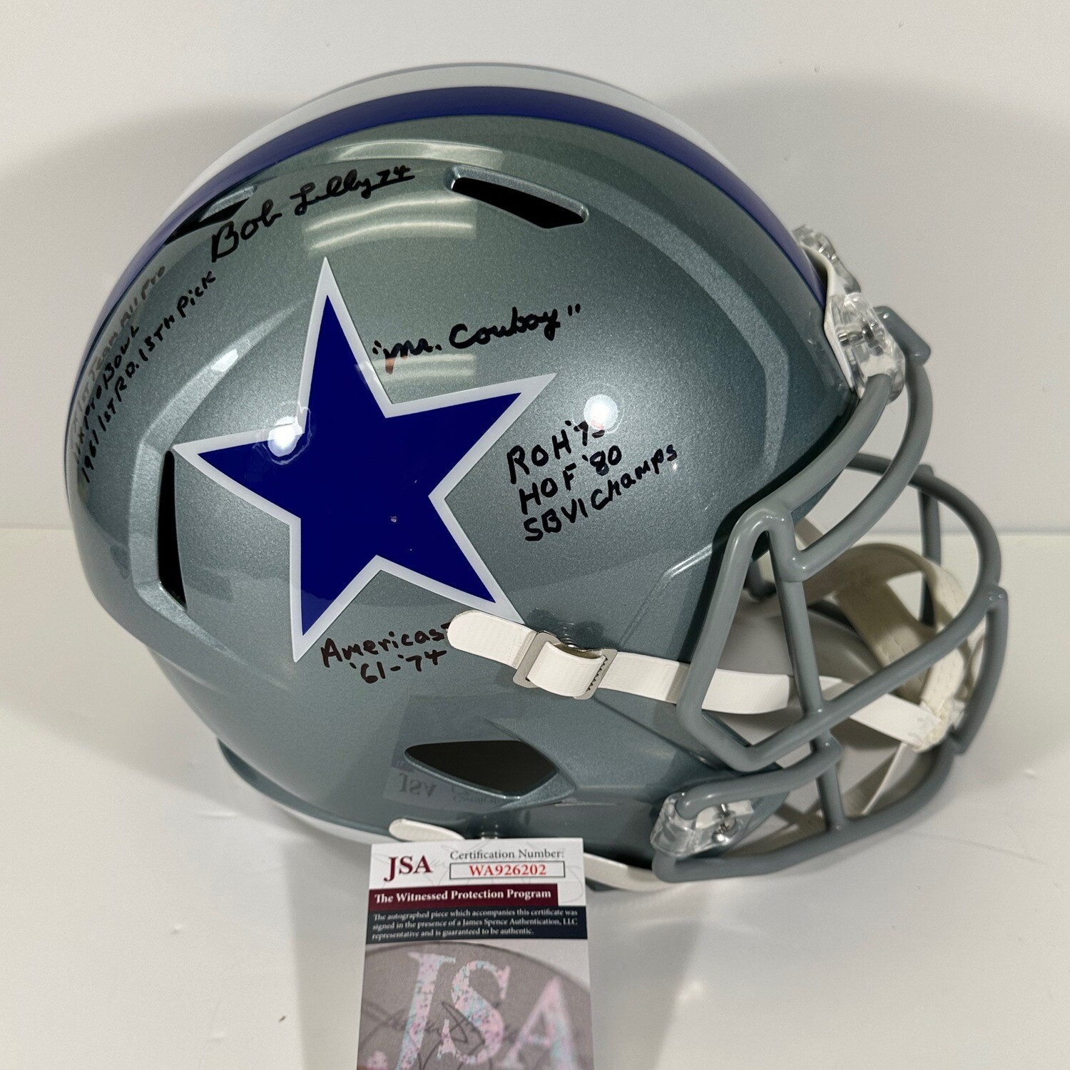 Bob Lilly Grey Retro Replica Full Size Autographed Helmet 8 Inscriptions JSA Authenticated