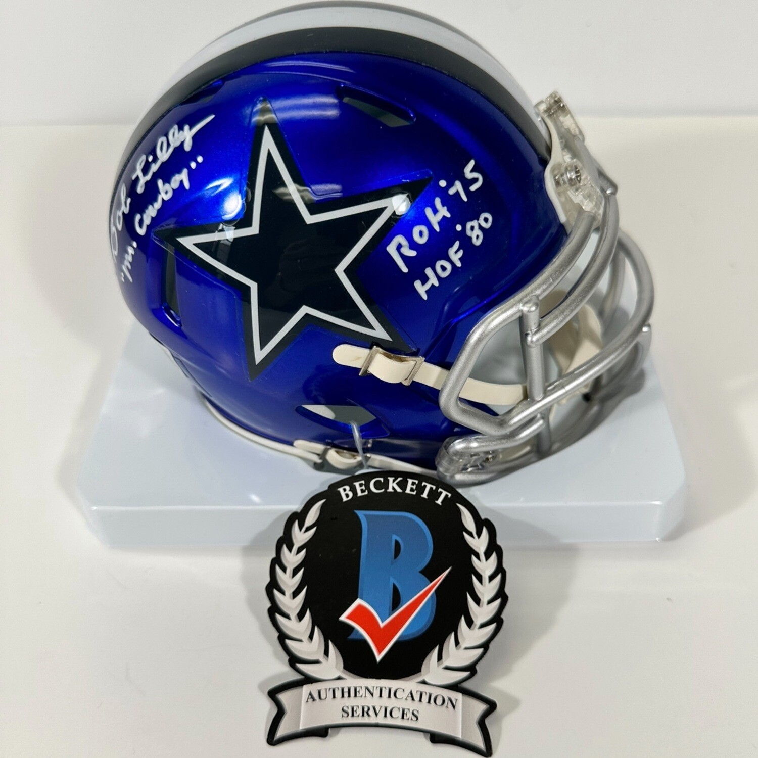 Bob Lilly Dallas Cowboys NFL Flash Alternative Riddell Speed Mini Helmet Inscription “ HOF 80 & ROH 76 “ Beckett COA