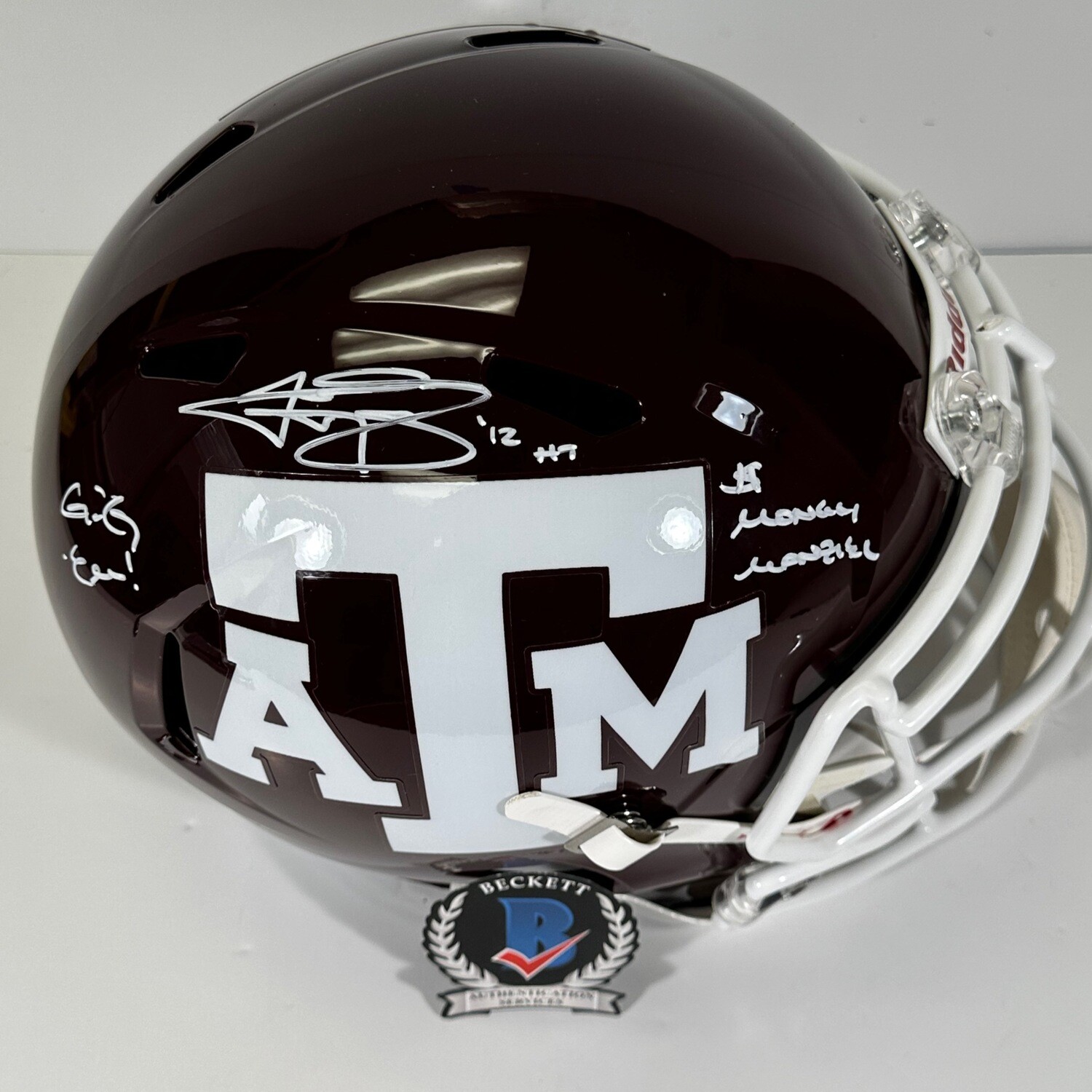 Johnny Manziel Maroon Texas A&M Full Size Replica Helmet Inscribed “Money Manziel” Beckett Authenticated
