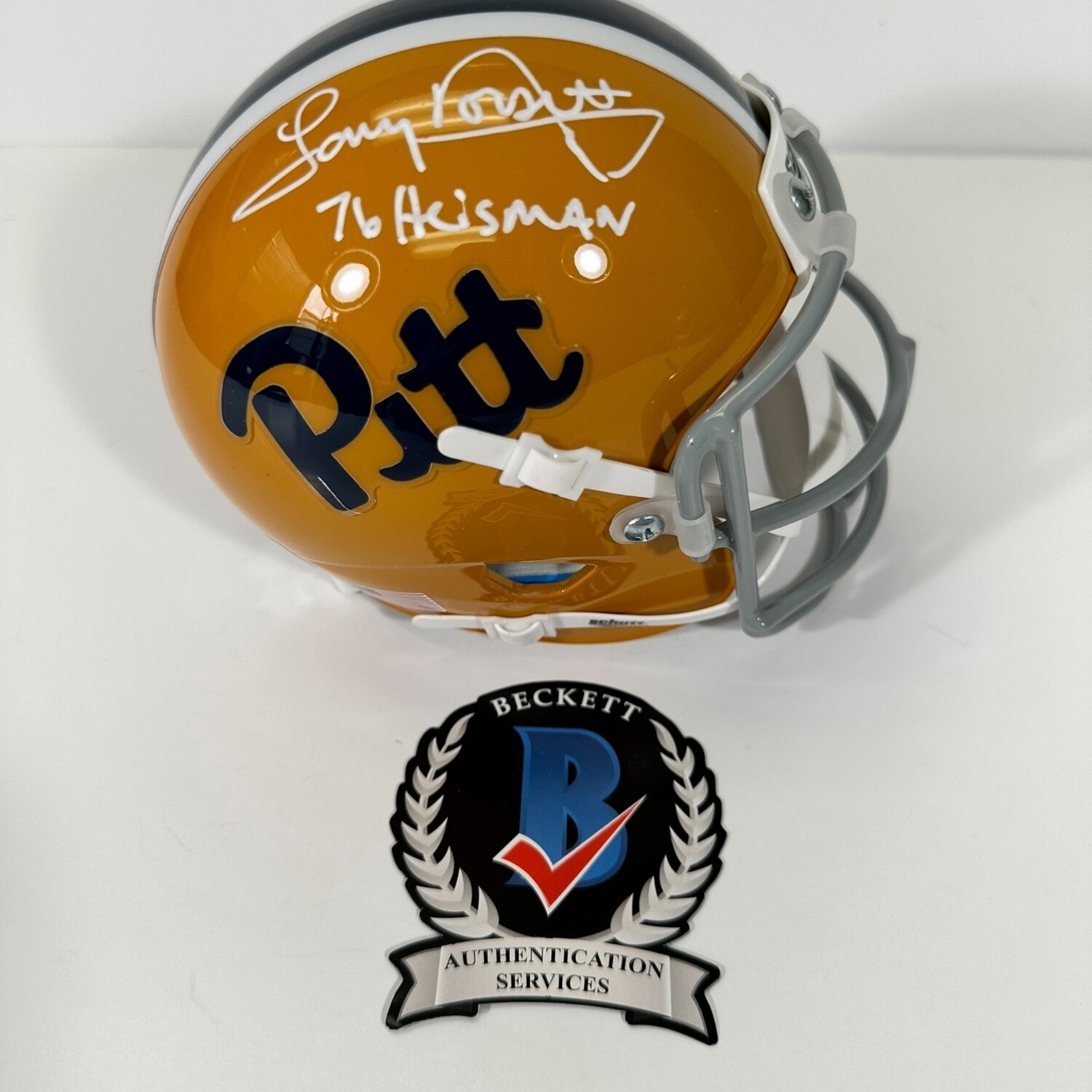 Tony Dorsett Pittsburgh Panthers Throwback Mini Helmet White Inscription “ 76 Heisman “ Beckett COA