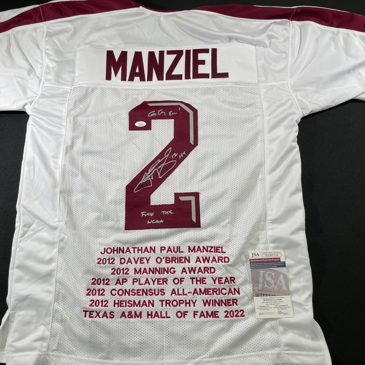 Johnny Manziel White Texas & AM Full Stat Autographed Jeresy w/Fuck the NCAA JSA Authenticated