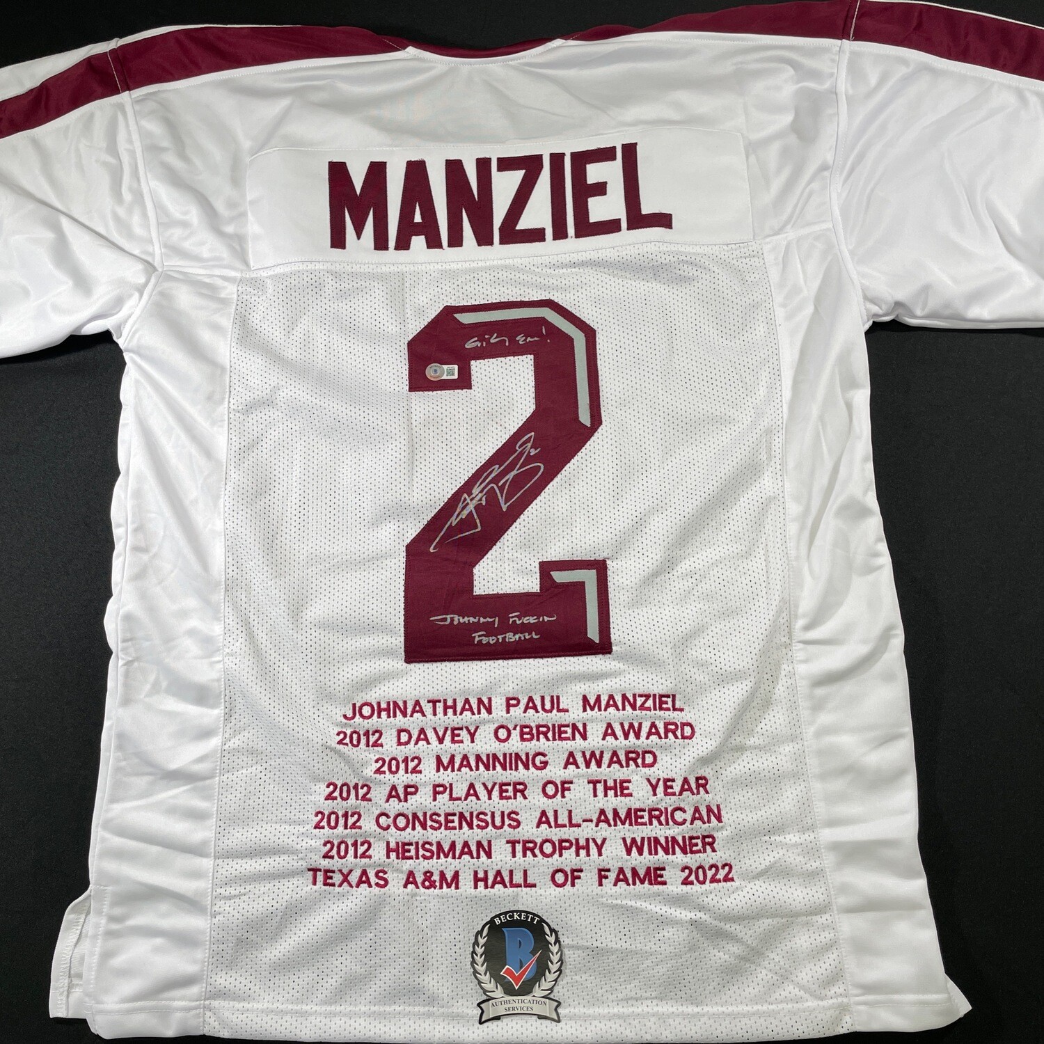 Johnny Manziel White Texas & AM Full Stat Autographed Jeresy w/Johnny Fuckin Football Beckett Authenticated and JSA Authenticated