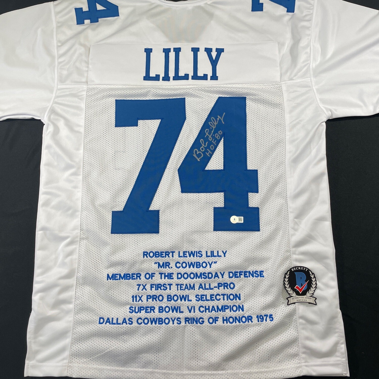Bob lilly White Dallas Cowboys Stats Autographed Jersey w/HOF 80 Beckett Authenticated
