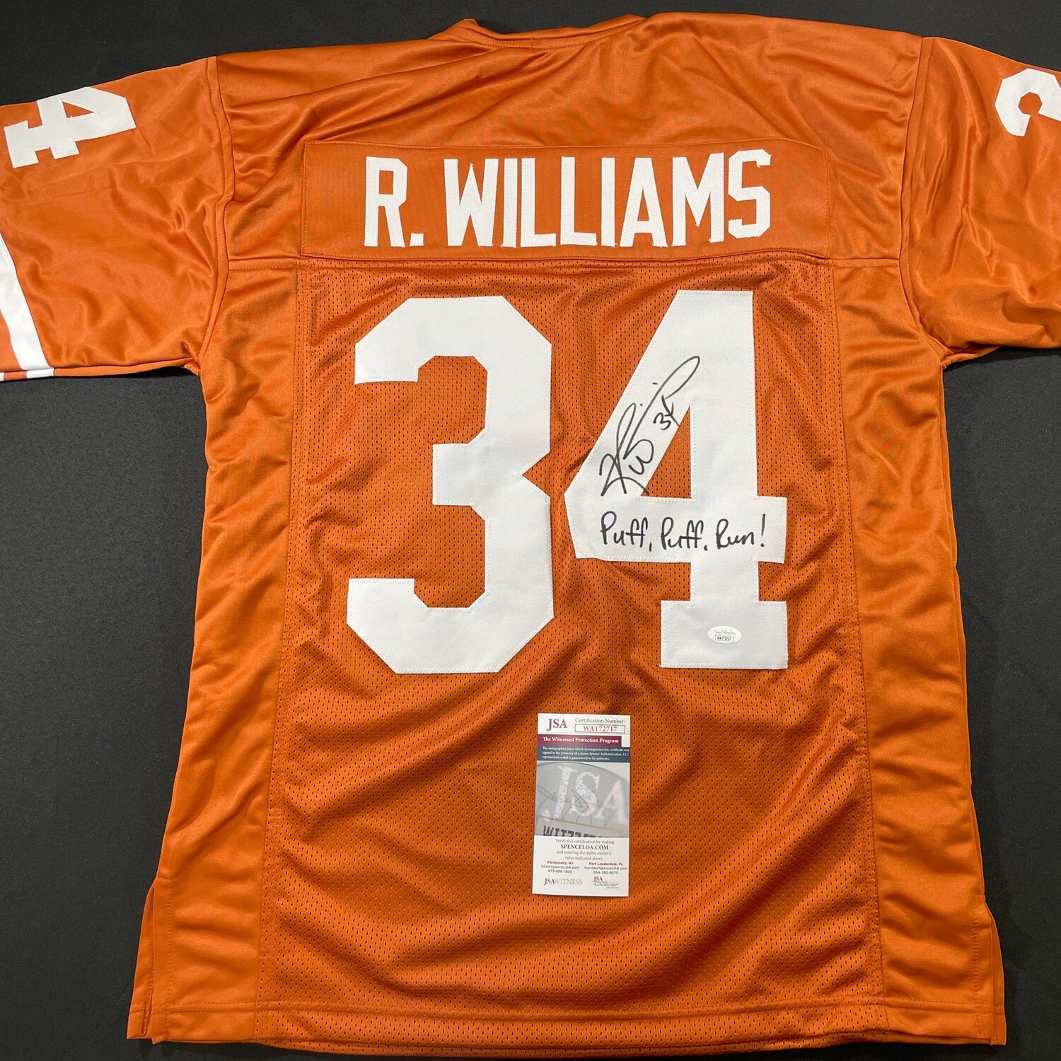 Ricky Williams Texas Longhorn Orange Autographed Jersey & Inscription “ Puff, Puff, Run “ w/ JSA COA