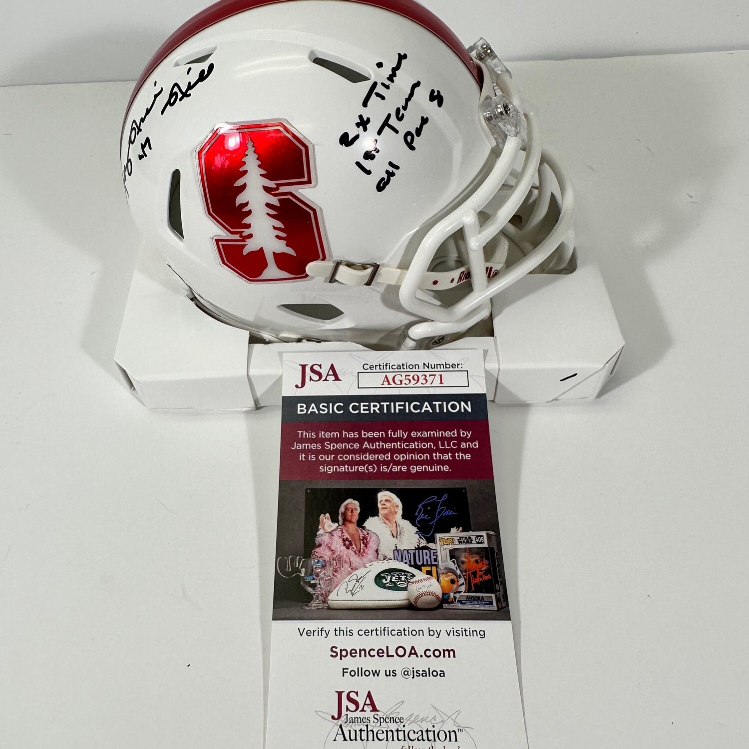 Tony Hill Stanford Speed Metallic Autographed Mini Helmet w/3 inscriptions JSA Authenticated
