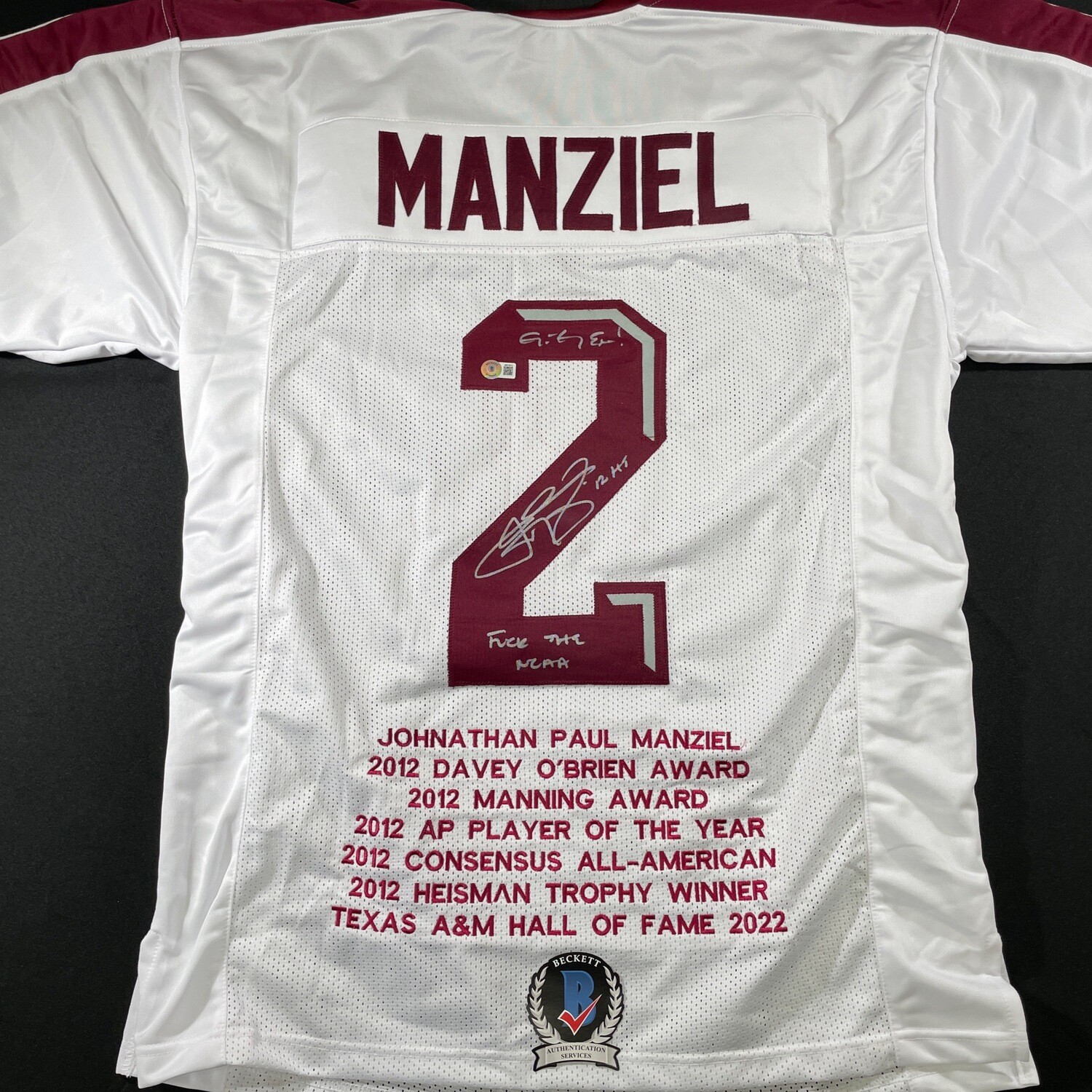 Johnny Manziel White Texas & AM Full Stat Autographed Jeresy w/Fuck the NCAA Beckett Authenticated
