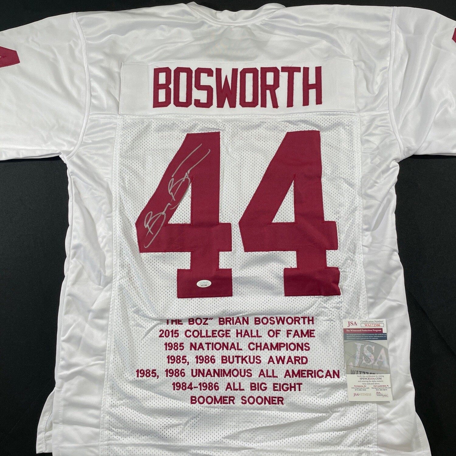 Brian Bosworth White Oklahoma Sooner Autographed Full Stat Jersey JSA Authenticated