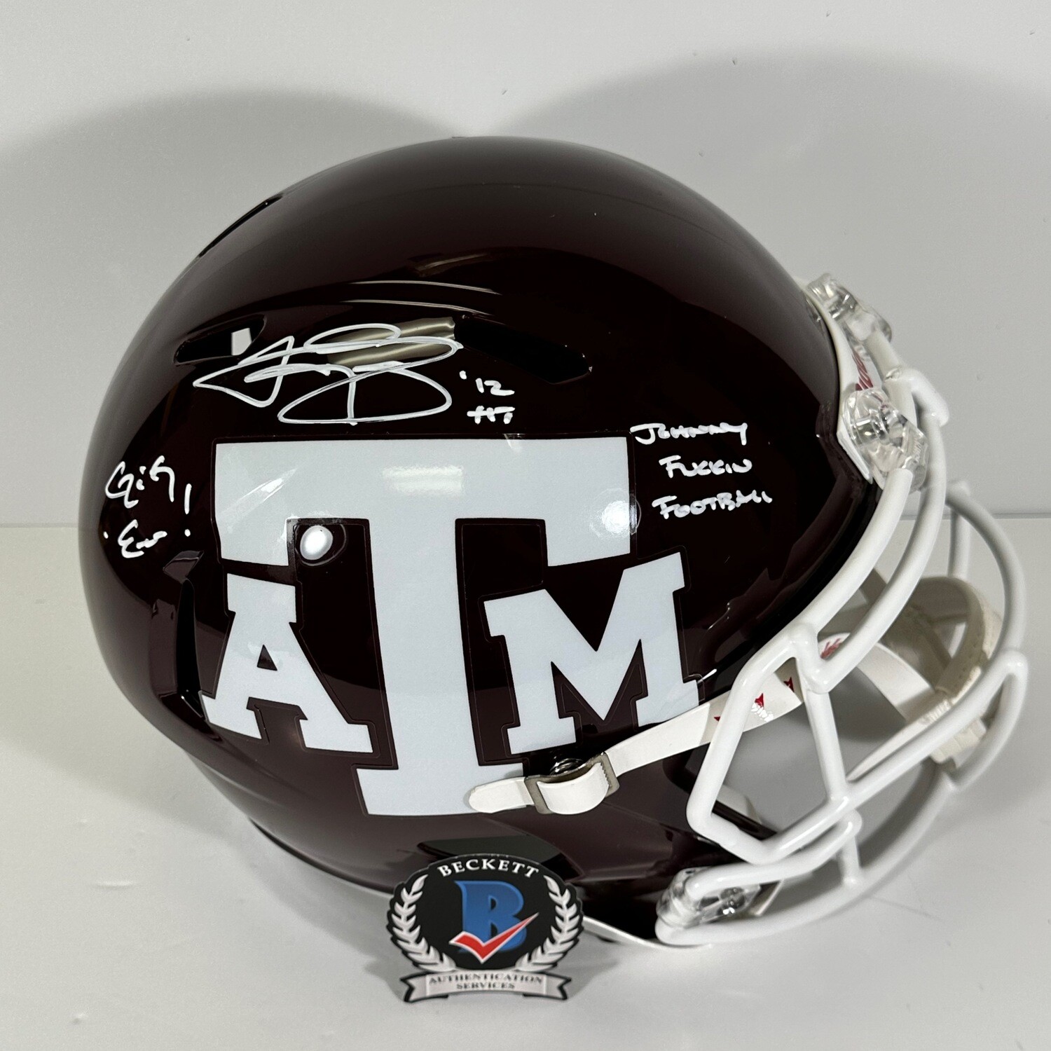 Johnny Manziel Maroon Texas A&M Full Size Replica Helmet Inscribed “Johnny Fuckin Football” Beckett Authenticated