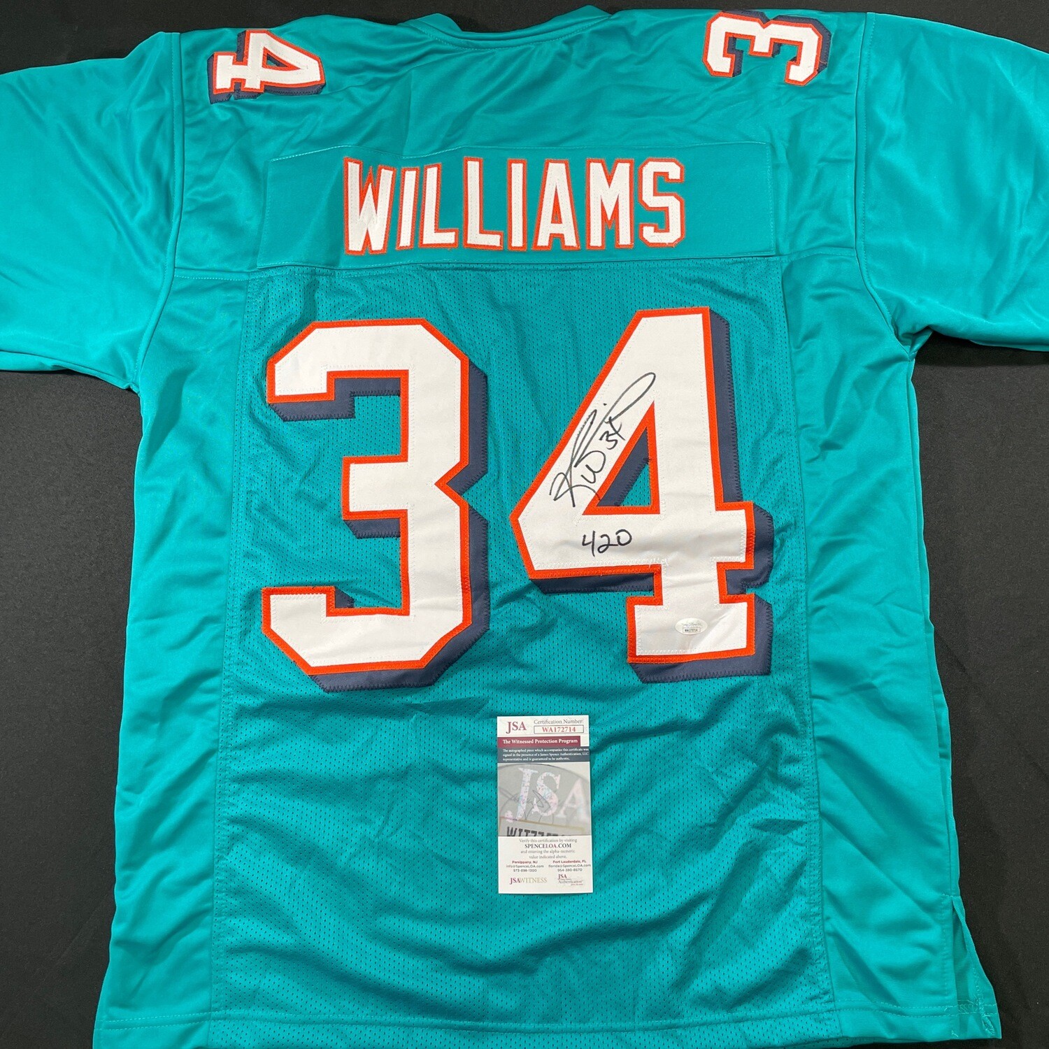 Ricky Williams Miami Dolphin Teal Autographed & Inscription “420” Jersey w/ JSA